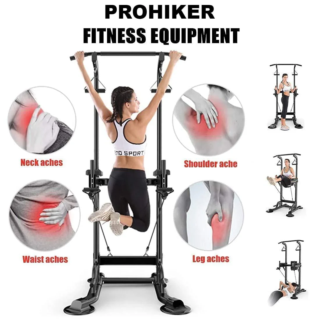 PROHIKER Power Tower Dip Station With Backrest And Resistance Band, Black - Image 2 PROHIKER Power Tower Dip Station With Backrest And Resistance Band, Black - Image 2