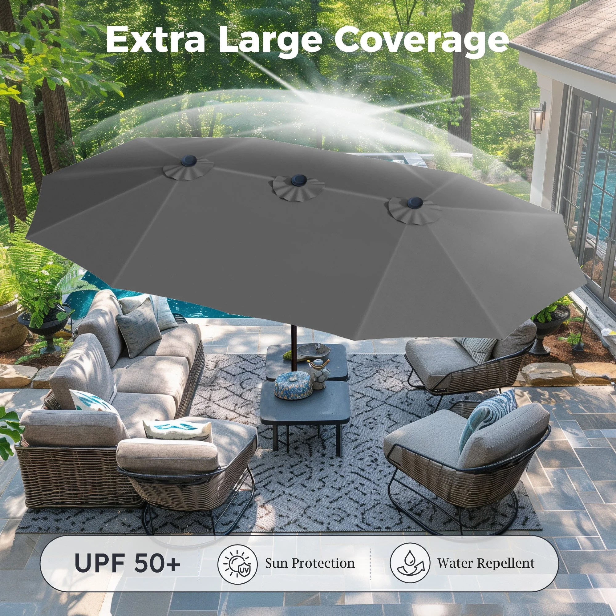 Alpha Joy 15ft Outdoor Patio Umbrella Extra-Large Double-Sided Garden Umbrella with Crank Handle and Base - Smoky Gray - Image 10