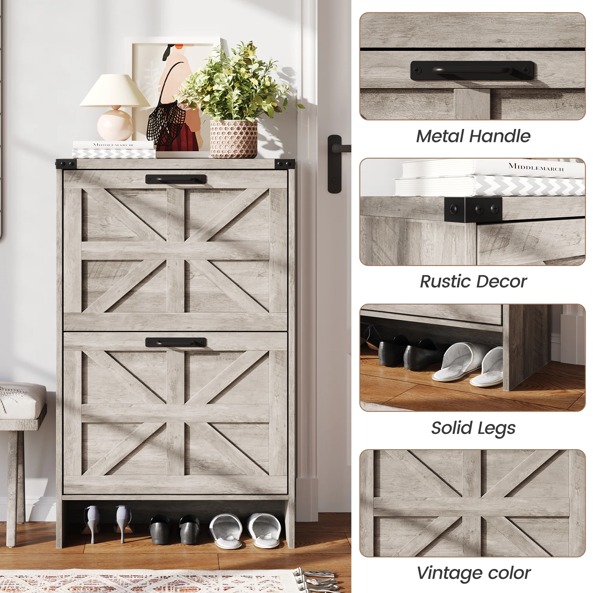 VEANERWOOD Shoes Storage Cabinet With Doors, Farmhouse Shoe Cabinet With 2 Flip Drawers For Entryway,Gray - Image 31