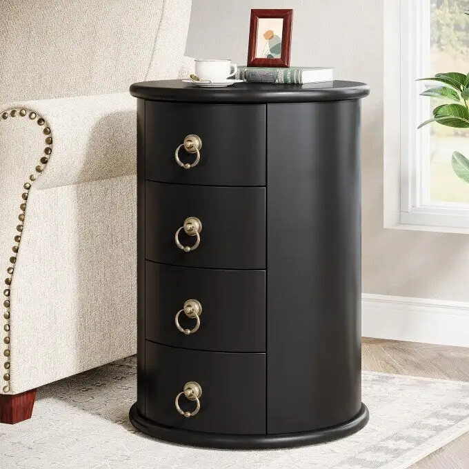 No Assembly Solid Wood End Table, Vintage Round Side Drawers Table