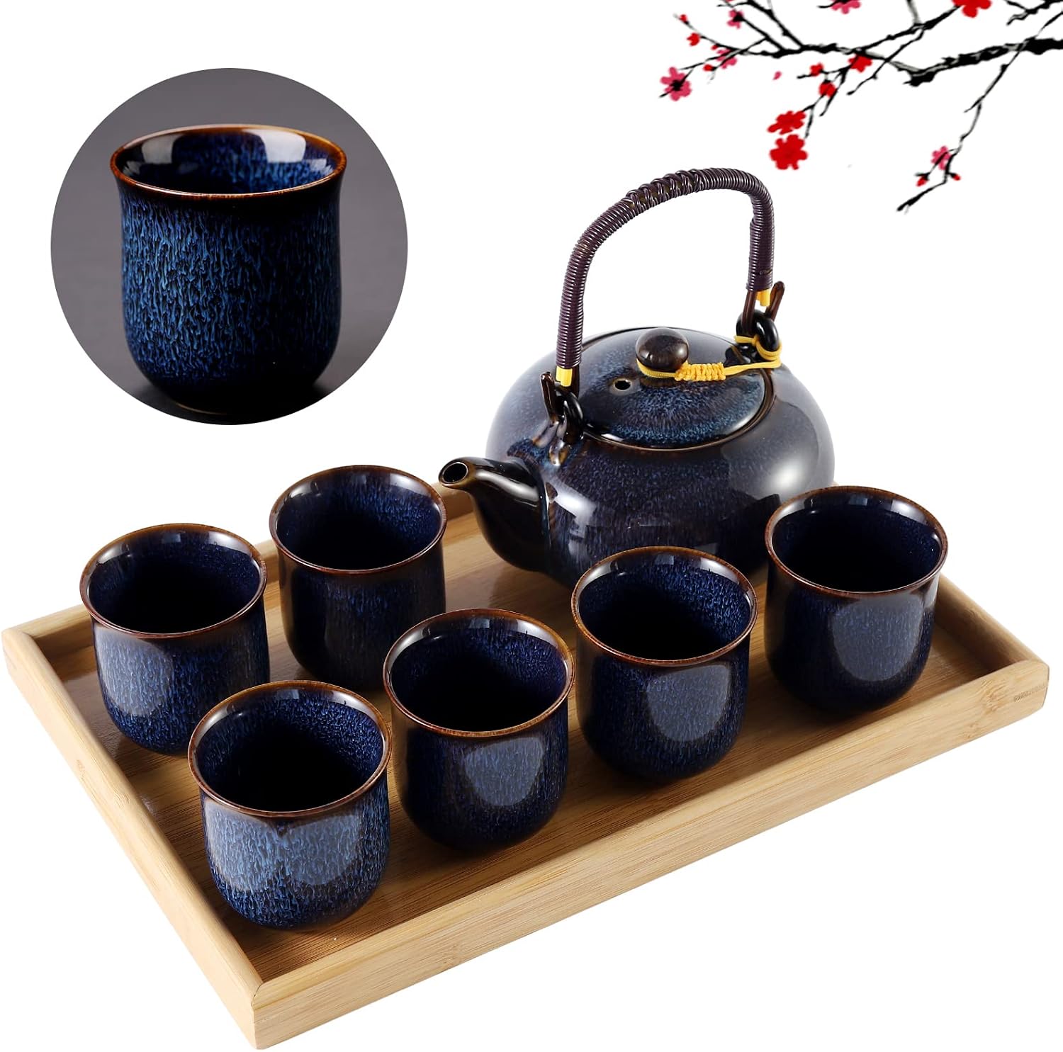 Dujust Japanese Tea Set, Black Porcelain Tea Set with 1 Teapot Set, 6 Tea Cups, 1 Tea Tray, 1 Stainless Infuser, Beautiful Asian Tea Sets for Adults, Tea Lover/Women/Men (Countryside in Golden)