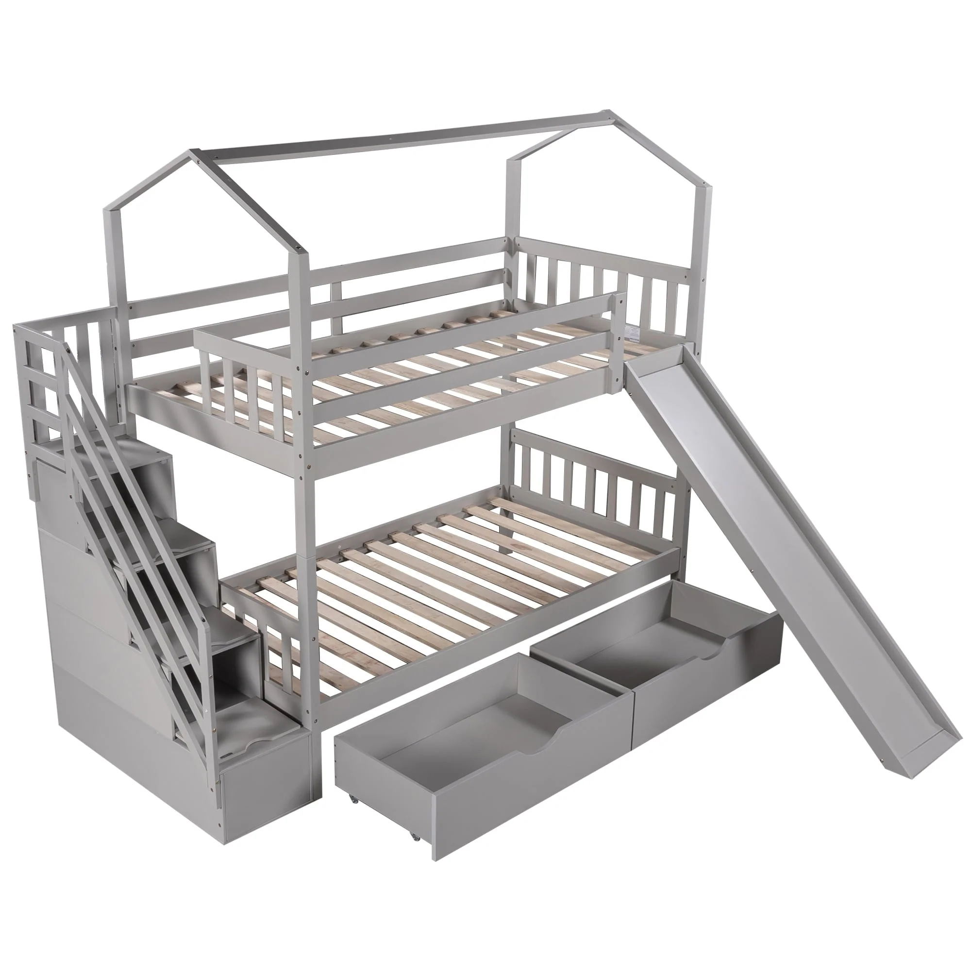 Bellemave Twin Over Twin House Bunk Bed with Slide and Stairs,Wooden Bunk Bed with Storage Drawers,Playhouse Bed for Kids,Teens(Gray) - Image 7