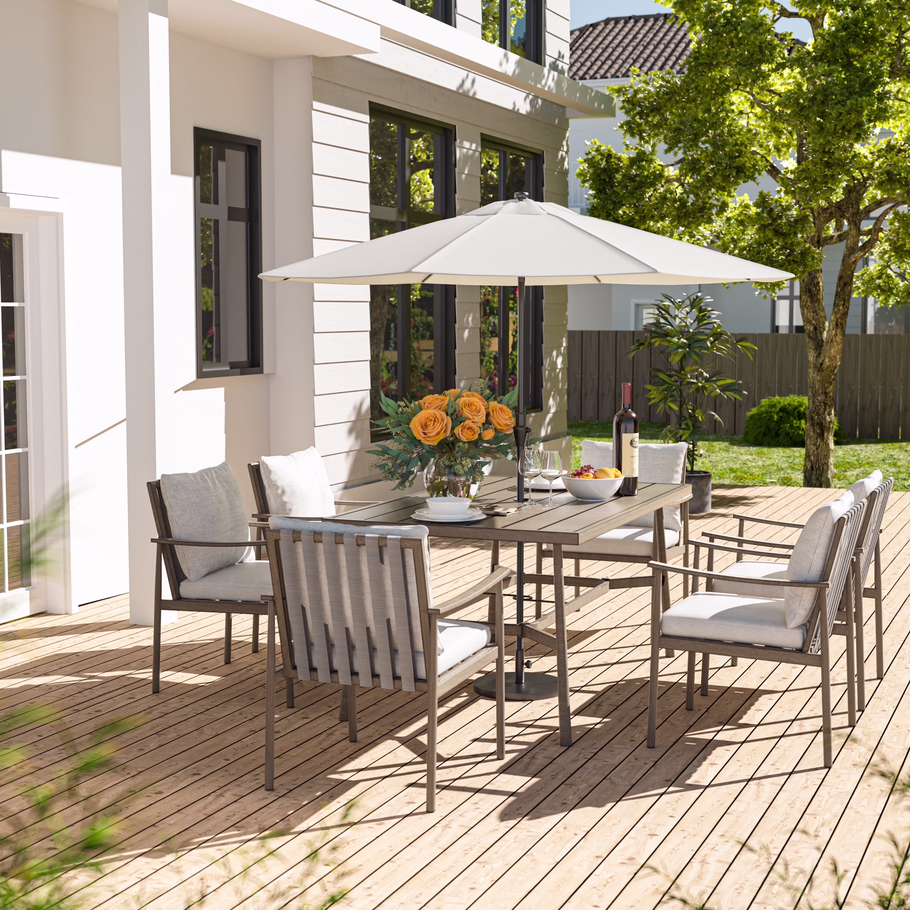HAPPATIO 7 - Piece Outdoor Dining Set for 6, Aluminum Patio Dining Set Includes 6 Dining Chairs and 1 Large Rectangular Table with Umbrella Hole, Patio Furniture Set for Lawn, Porch, Backyard, Grey(5PCS / Swivel Chair/Brown)