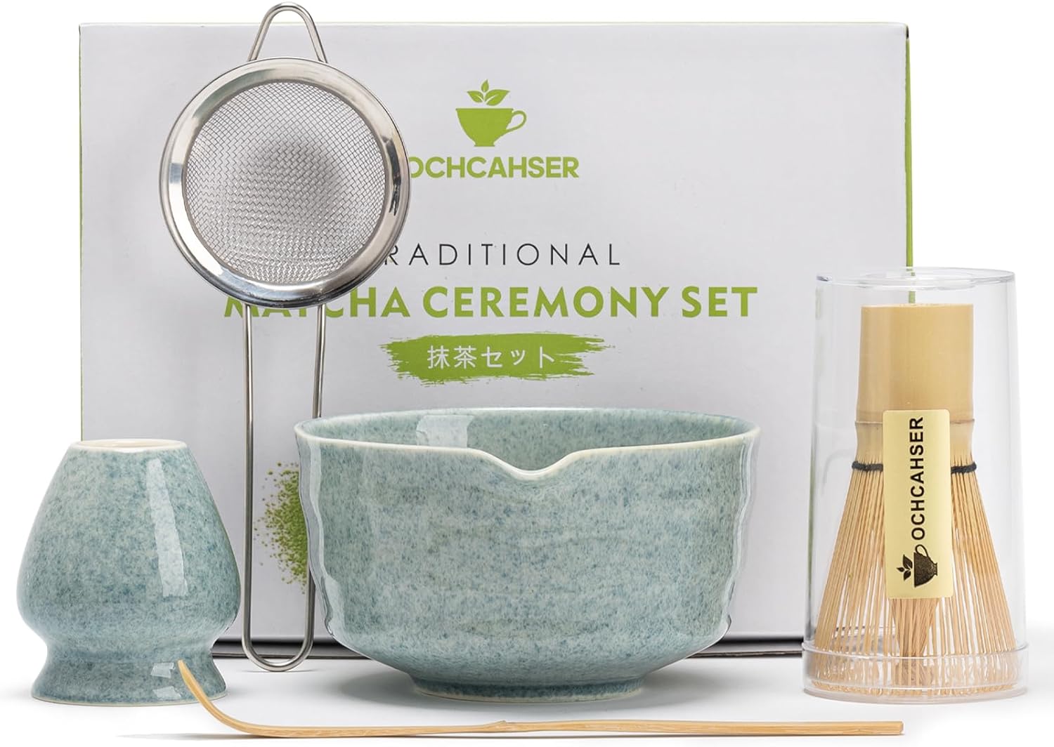 Matcha Set, Japanese Tea Set Includes Matcha Bowl with Spout, Matcha Whisk Holder, Bamboo Matcha Whisk and Bamboo Scoop, 17 oz Mottled Green Glaze Ceramic Matcha Kit for Tea Lovers
