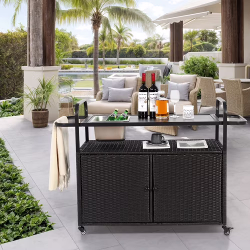 Yiweny Outdoor Rolling Wicker Bar Cart, Large Portable Outdoor Wicker Bar Table with Cabinet Storage and Glass Countertop, Patio Wicker Serving Bar Cart for Pool, Party, Backyard, Black(Brown)