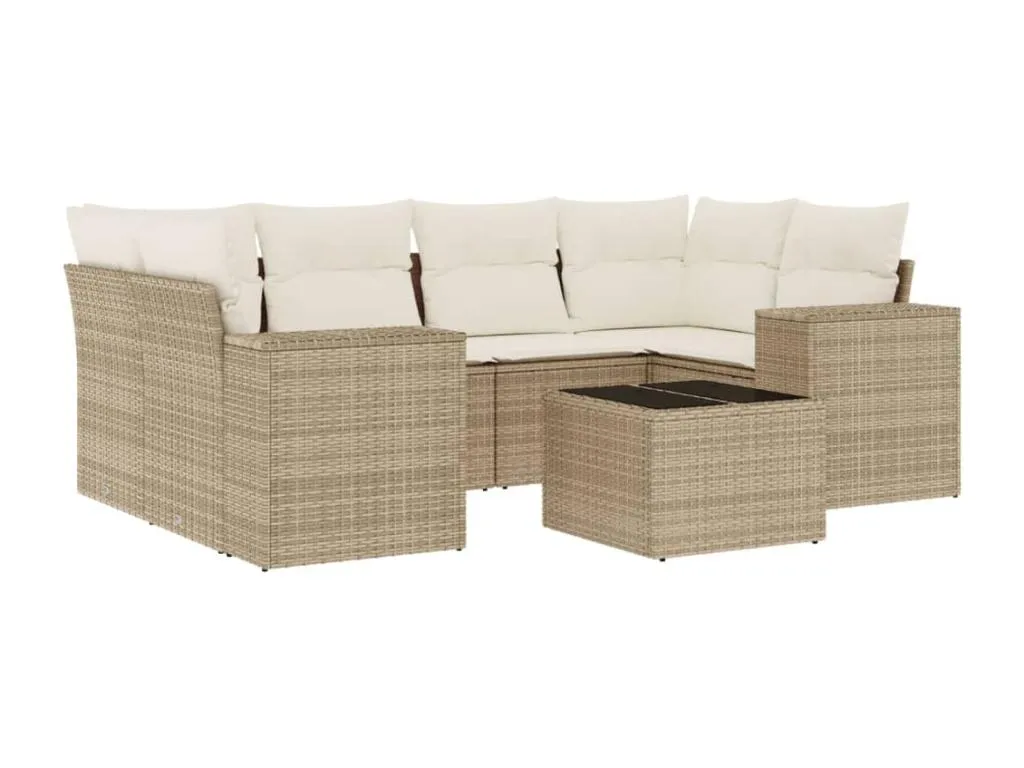 Set sofás de jardín 7 piezas y cojines ratán sintético beige