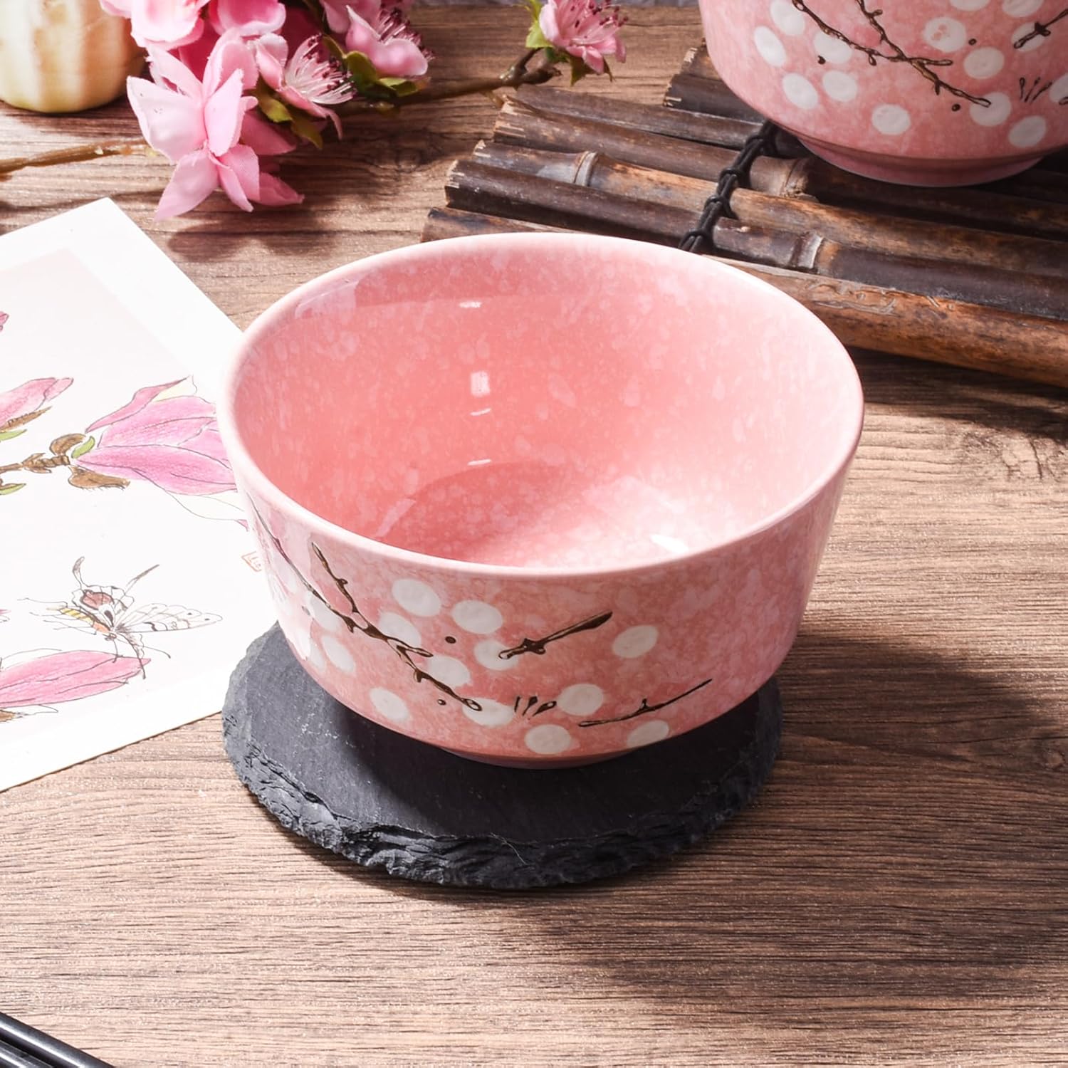 Pink Ceramic Rice Bowl Set of 4, 4.37 Inch Japanese Cherry Blossom Small Bowls for Kitchen, Floral Porcelain Bowls for Cereal, Dessert, Sushi Sauce & Snack