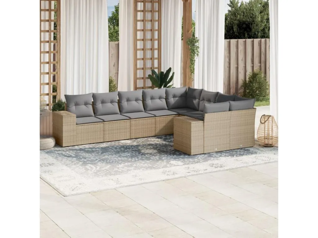 Decocasaes Set de sofás de jardín 9 pzas con cojines ratán sintético beige 00083uxvg