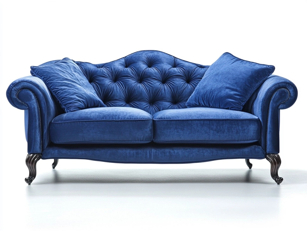 Sofá de lujo de terciopelo azul con cojines, diseño clásico y elegante para salón