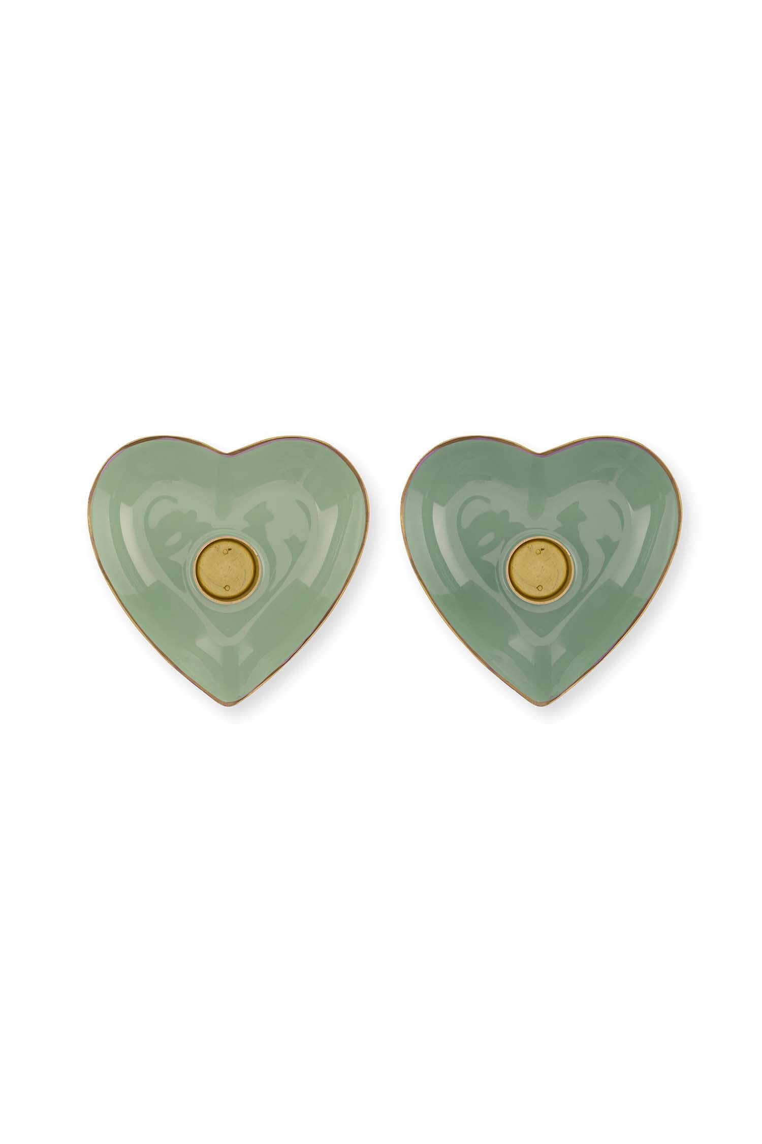 Set/2 Candle Holders Metal Heart Green