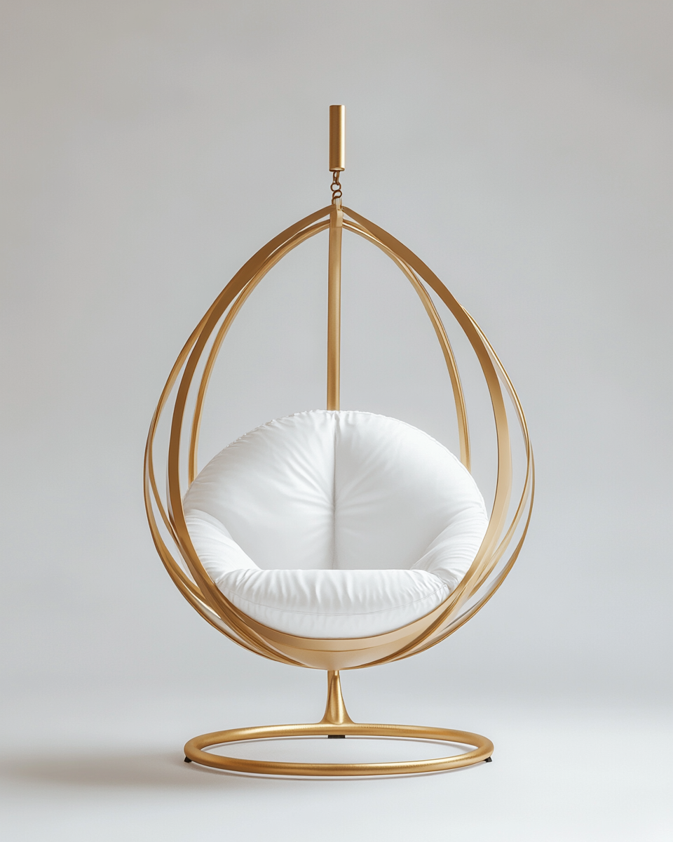 Silla colgante individual con estructura metálica dorada y cojín blanco, diseño moderno para interior