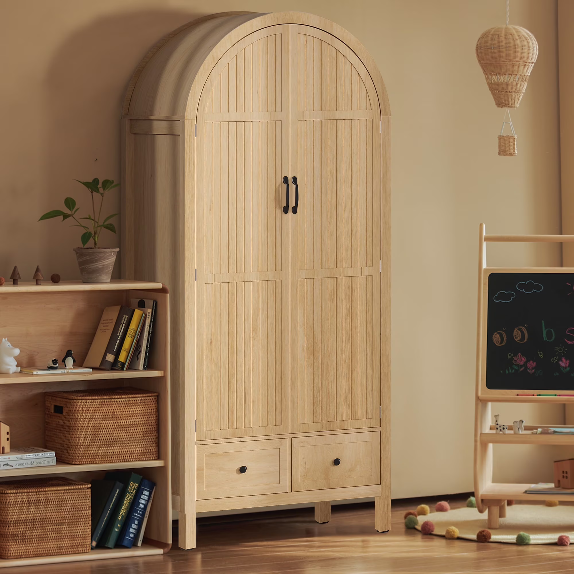 Oubayajia Arched Armoire Wardrobe Closet with Fluted Doors, Wooden Wardrobe Closet with Drawers, Shelves and Hanging Rod for Bedroom - Image 3