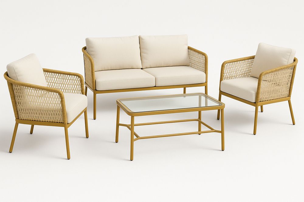 Set de muebles exteriores dorados, sofá doble, sillón y mesa con vidrio templado, elegante y fácil de limpiar