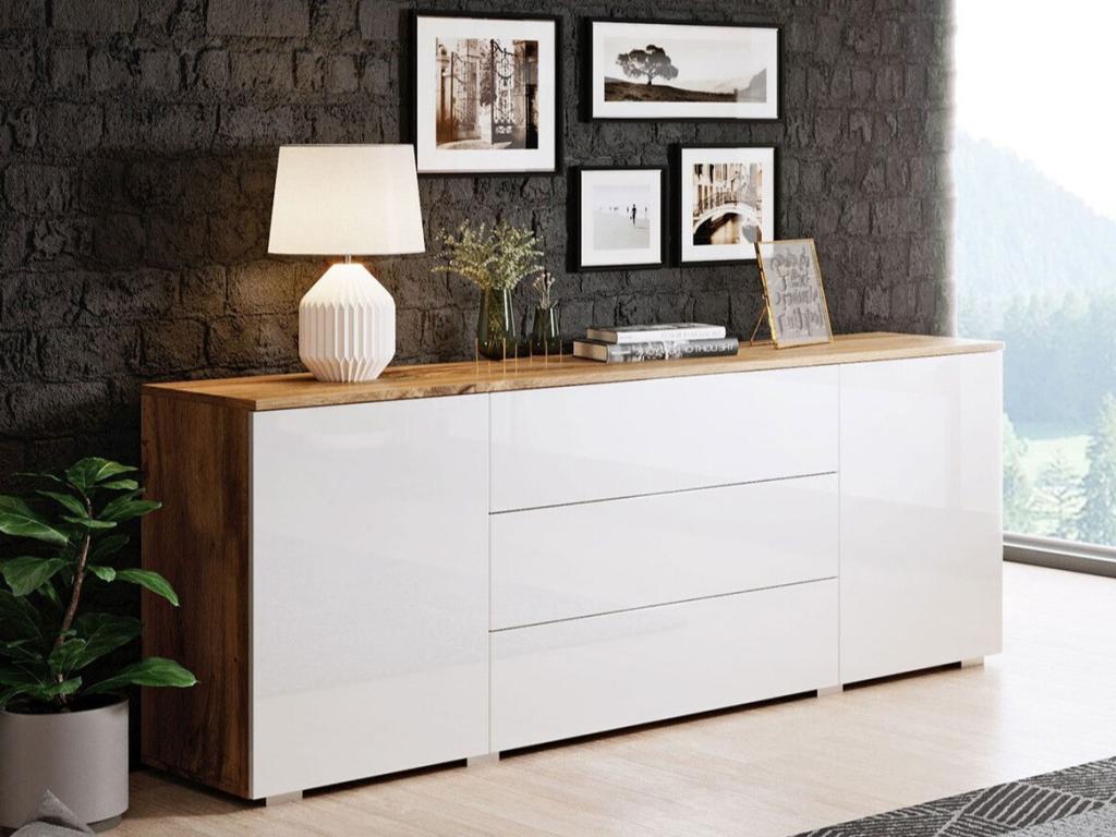Cómoda Sarasota 129, Wotan roble|Blanco brillante, Con cajones y puertas, 68x150x39cm