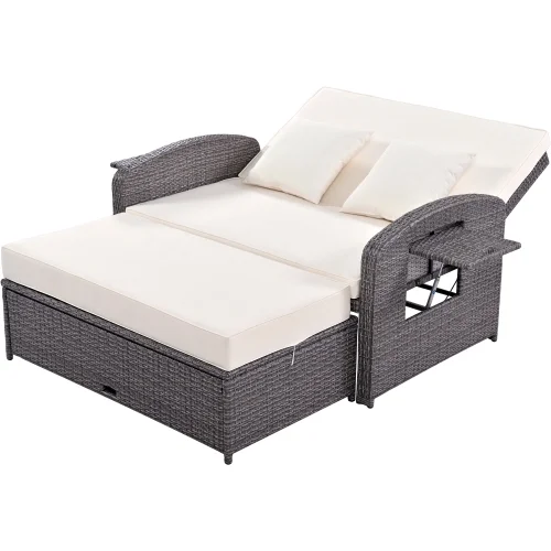 Harper & Bright Designs Rattan Outdoor Double Lounge Chaise 2-Person PE Wicker Outdoor Patio Sunbed with Canopy Cover for Backyard Garden Balcony, Beige+Black - Image 30