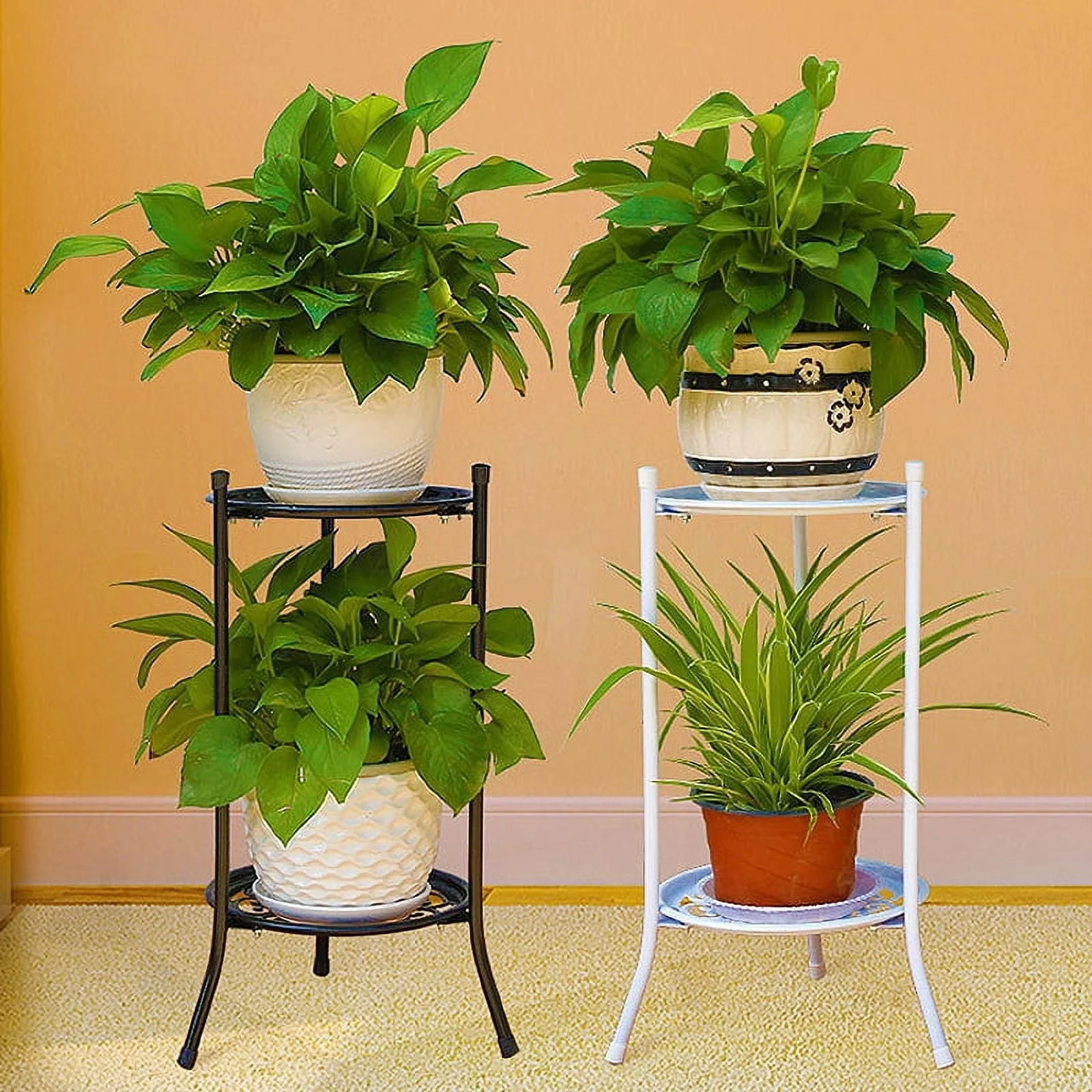 2 Tier Metal Plant Stand, Round Plant Shelf Flower Pot Rack Modern Planter Holder for Garden Patio Indoor Outdoor Black White(Black)