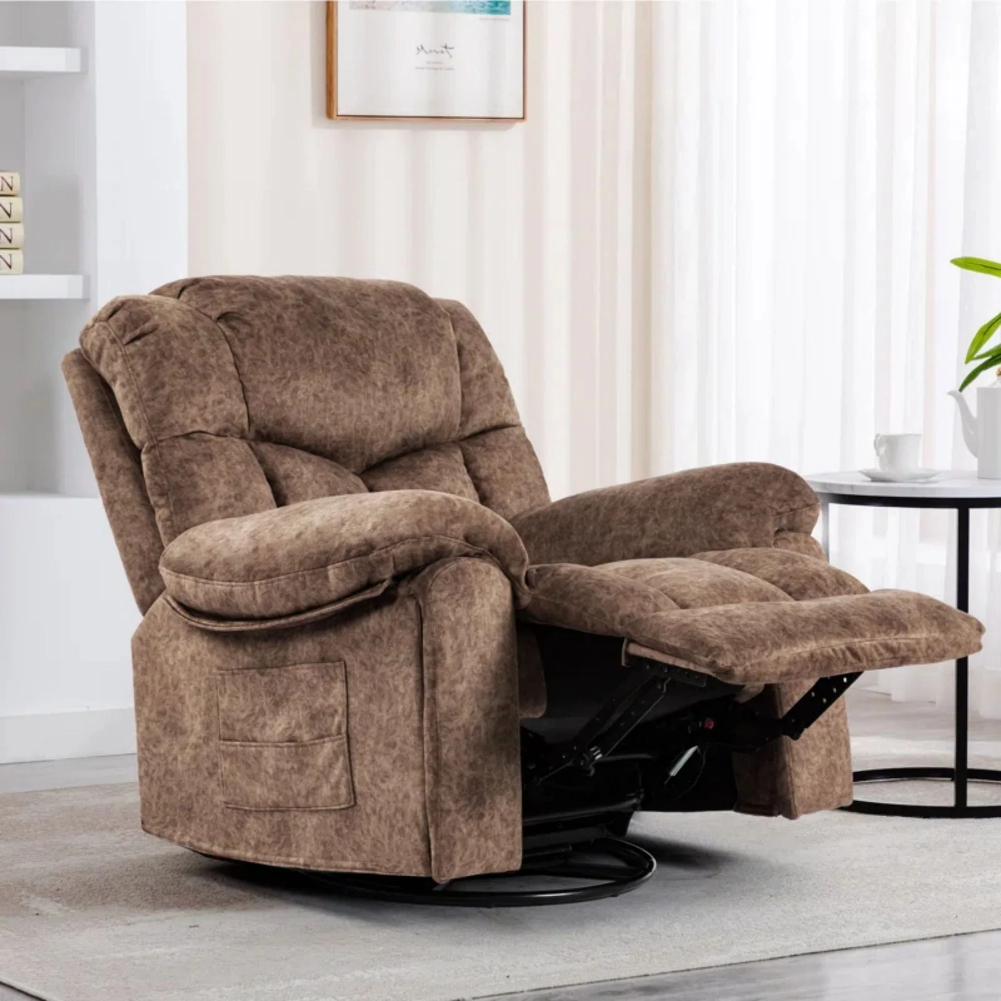 Colerline 35.43" Wide Modern Velvet Upholstered Heating & Massage Swivel Reclining Rocker Chair with Hidden Cupholders for Living Room and Bedroom, Brown - Image 9