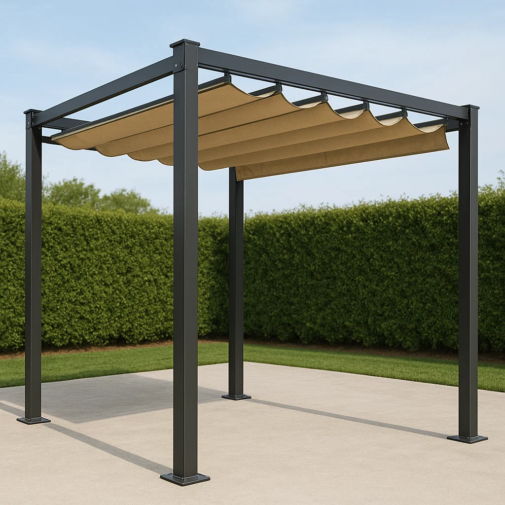 Pérgola con toldo enrollable - Color negro y beige, aluminio y tela - para exterior, dimensiones aproximadas: 400x400x250cm PWIldGJ330qs