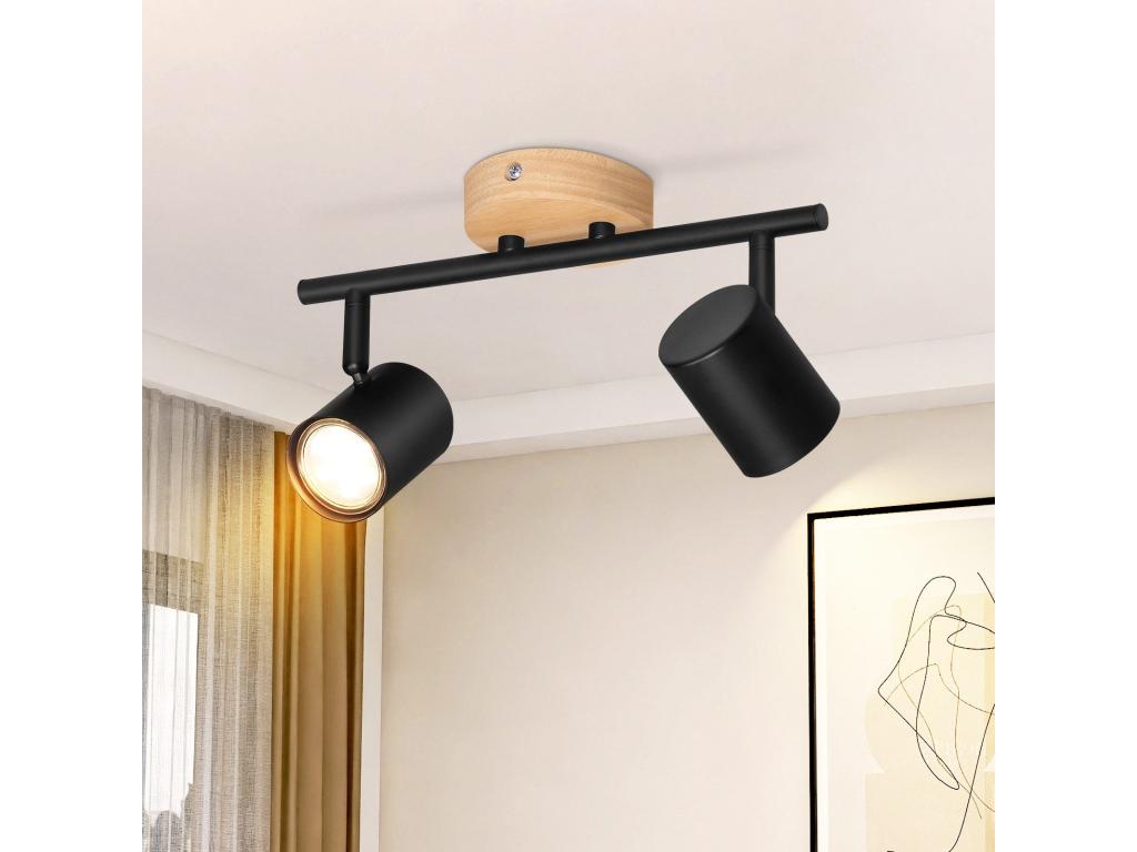 Lujodec LED - Lámpara de techo con 2 focos - Negro, GU10 - reflector de luz orientable, Lámpara de pared de madera, focos de pared para salón y dormitorio, sin bombilla incandescente.
