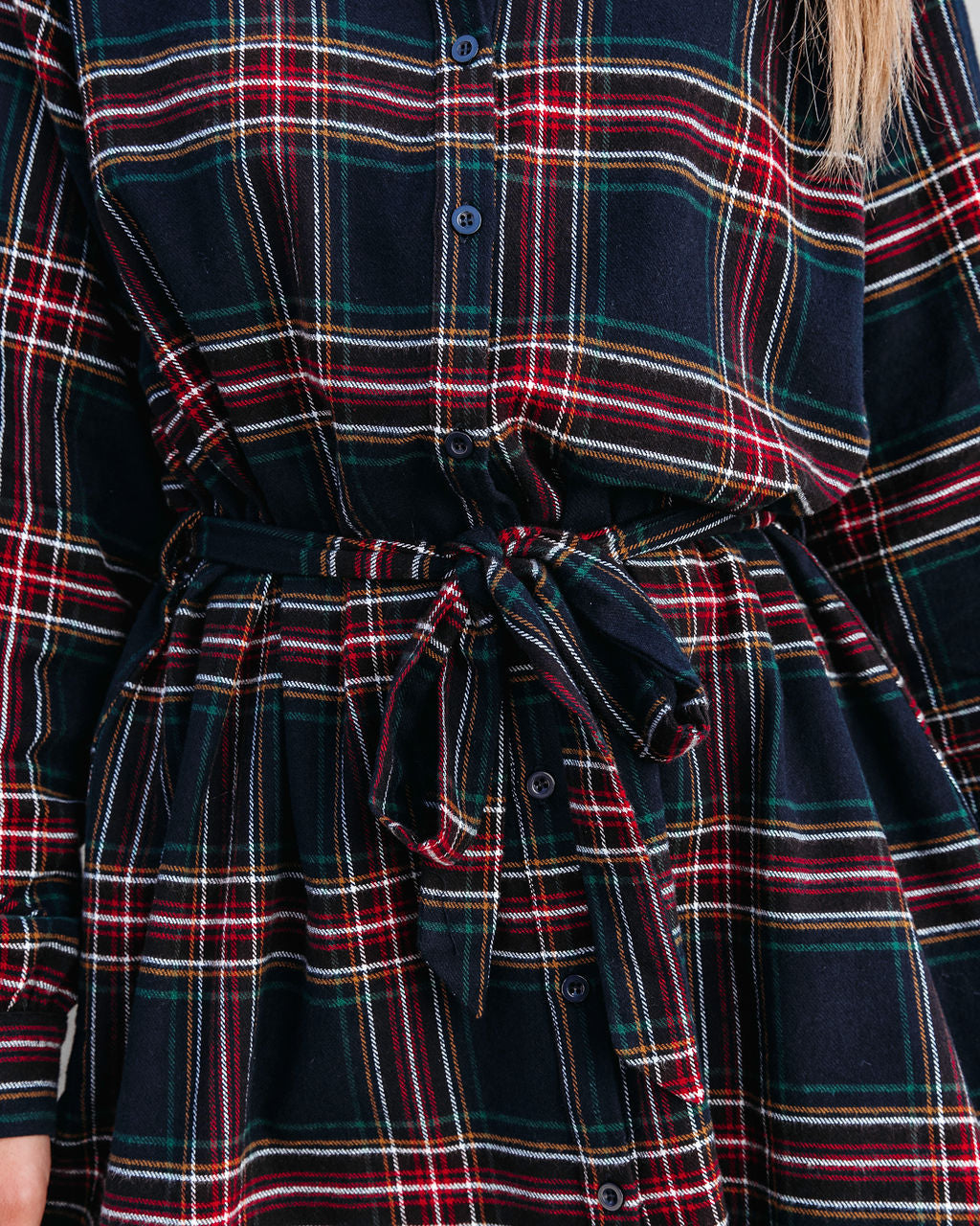 Riana Cotton Plaid Tie Shirt Dress - Navy - Se7enfashion