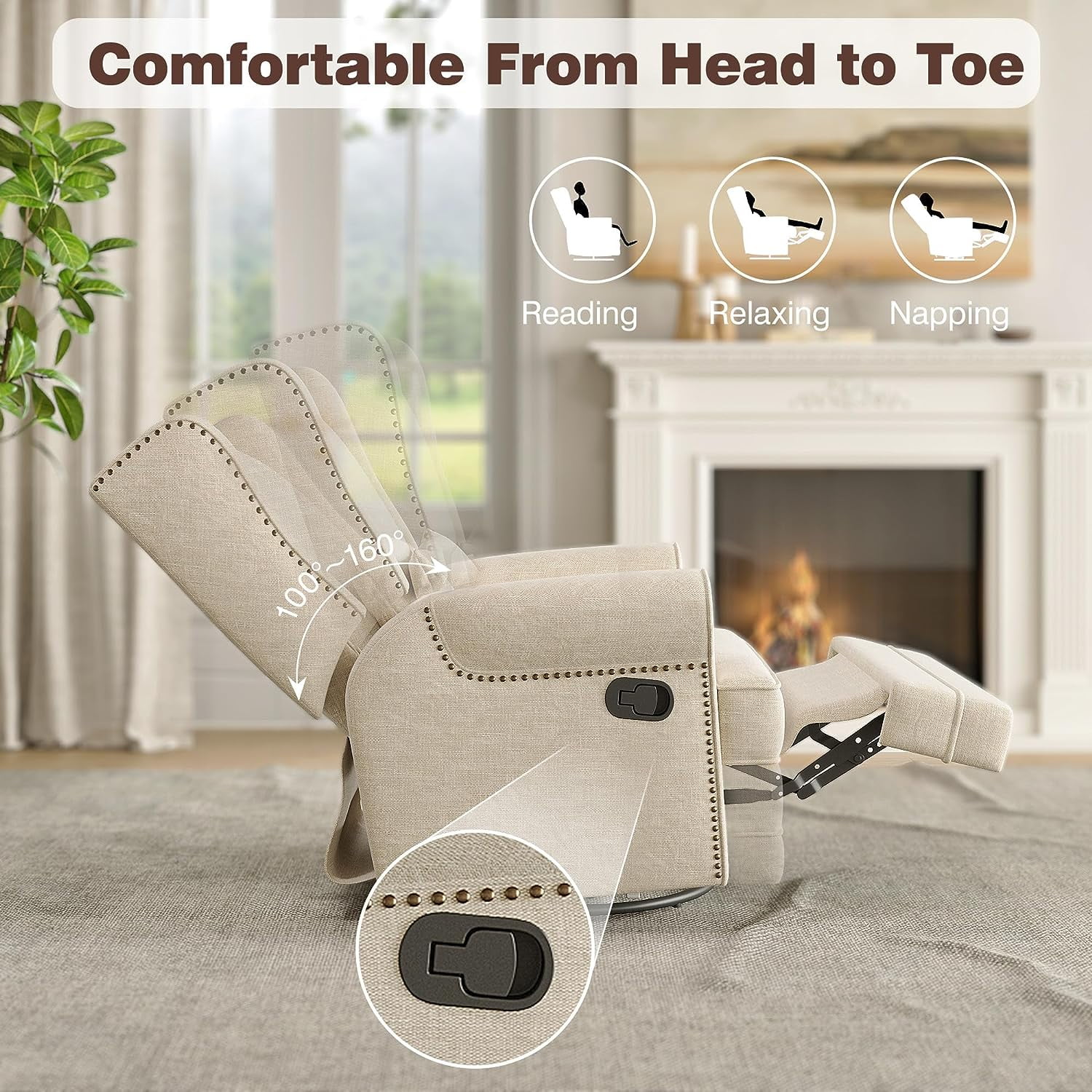 Royalcraft Swivel Nursery Glider Recliner, Comfy Upholstered Glider Chair with Lumbar Pillow and Footrest, Beige - Image 8