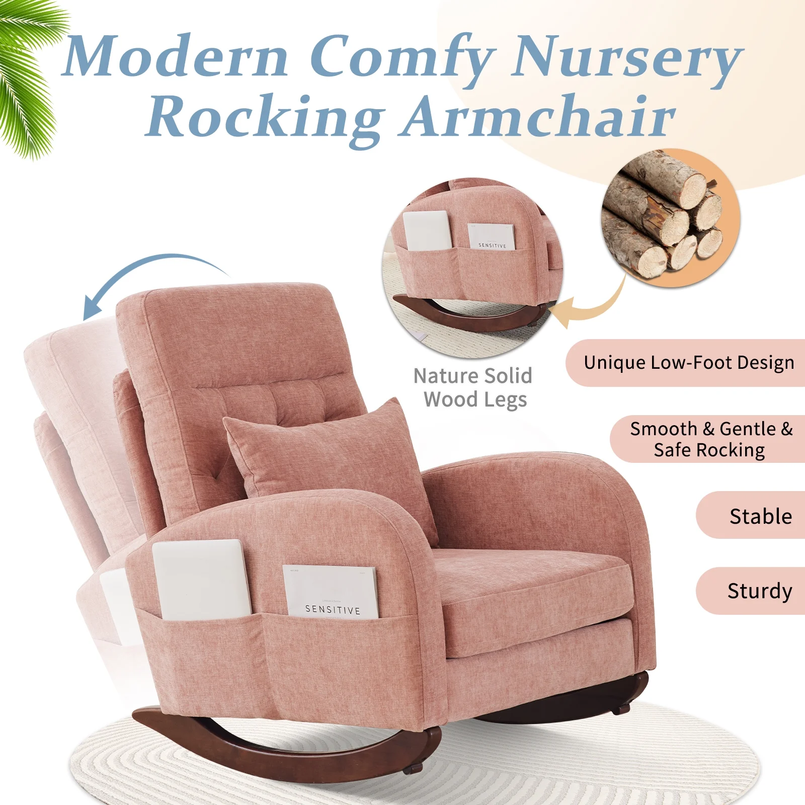 Ktaxon Rocking Accent Chair Glider Reading Chair Comfy Teddy Velvet Upholstered Single Sofa Rocker for Living Room, Nursery, Bedroom Beige - Image 19