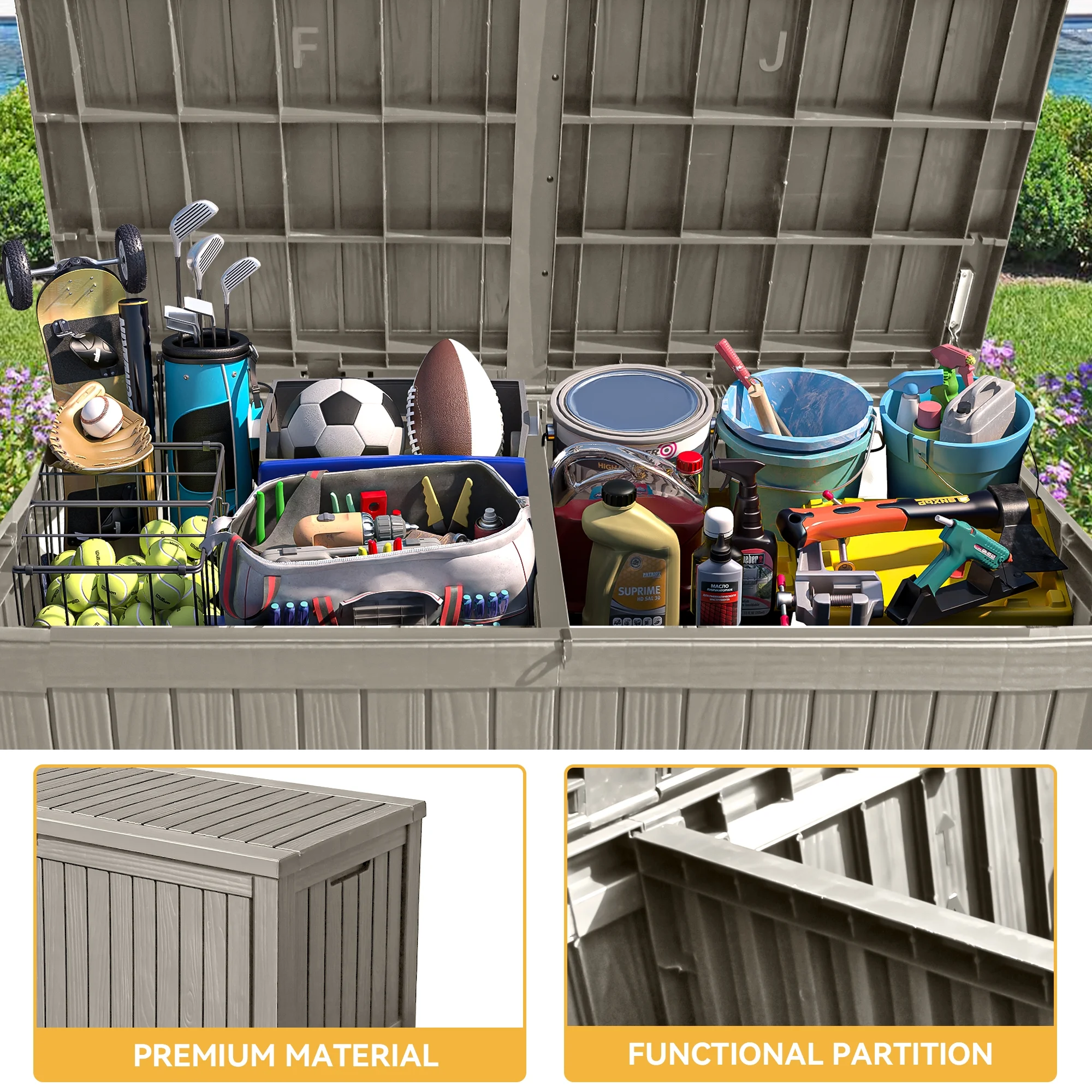 Uforic 150 Gallon Outdoor Storage Deck Box , Large Outdoor Storage Organized w/Divider,for Patio Furniture,Garden Tools, Black - Image 8