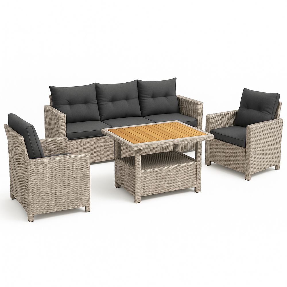 Sofá de jardín modular de ratán con cojines grises,conjunto de muebles de exterior,mesa de madera acacia