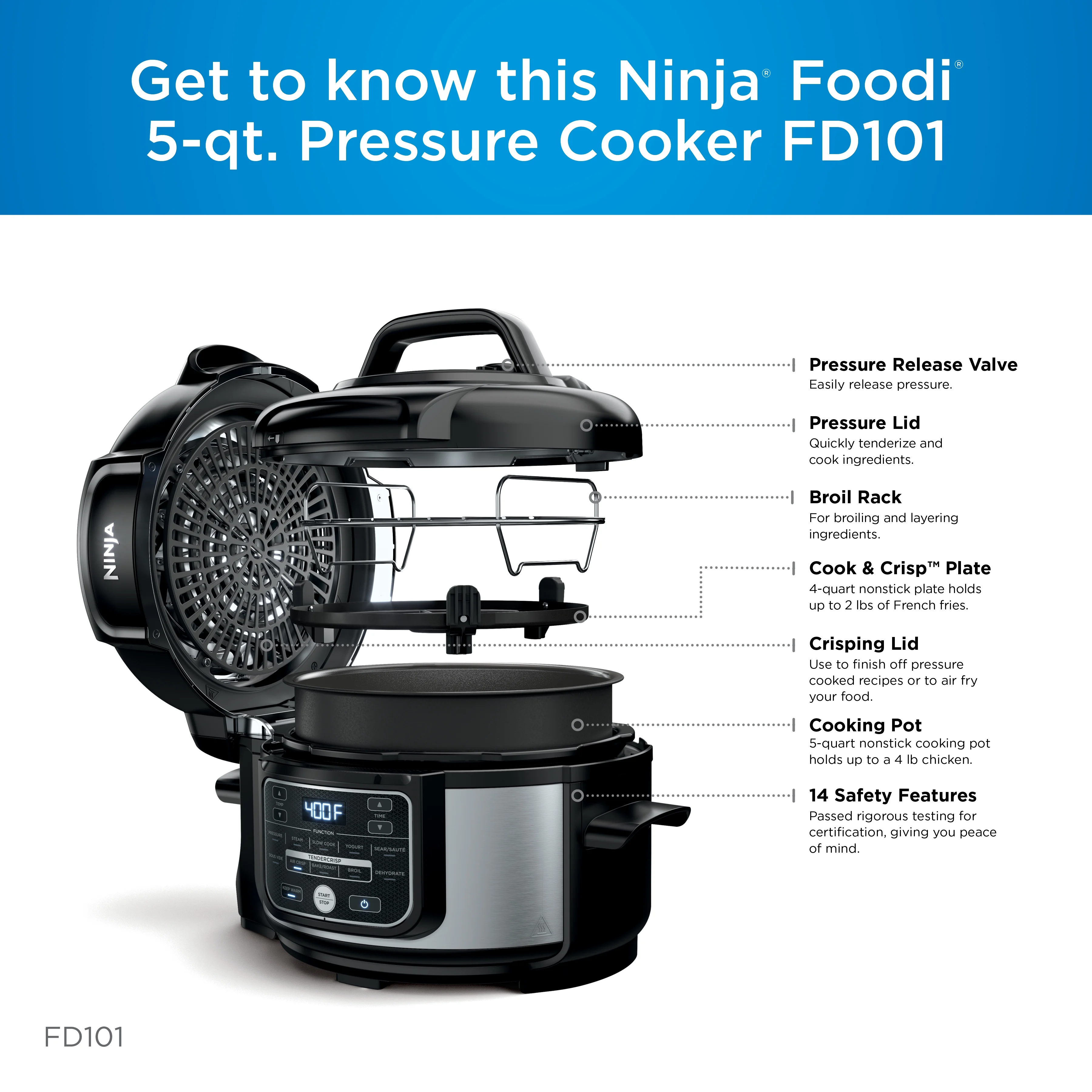 Ninja Foodi 10-in-1 5 Qt Pressure Cooker, Steamer, Bake, Broil, Dehydrate, Air Fryer, Non-Stick, FD101 Stainless Steel - Image 8