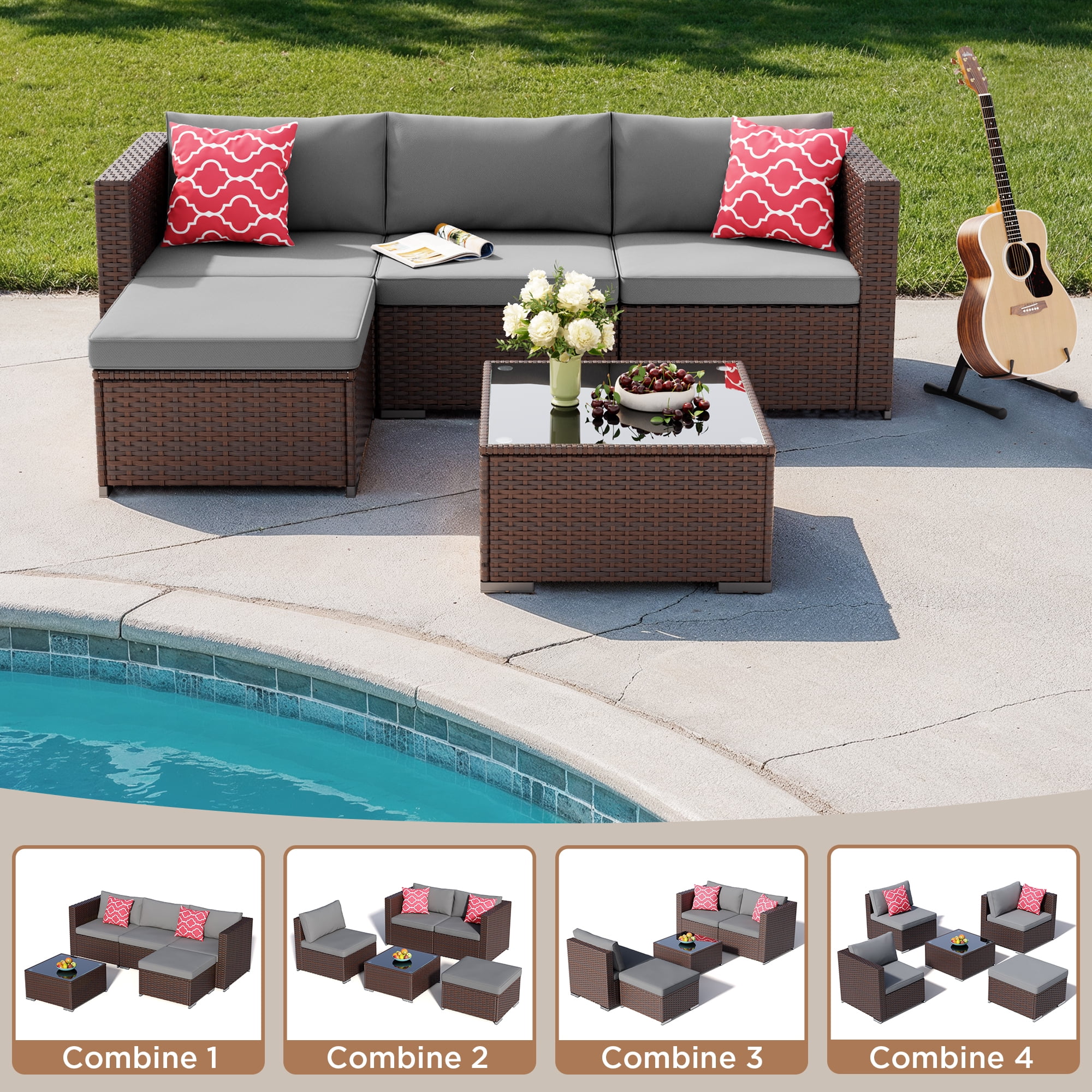 Aiho 7-Piece Rattan Patio Furniture Set , Outdoor Sectional Furniture Set for Patio, Garden, Backyard, Grey - Image 47
