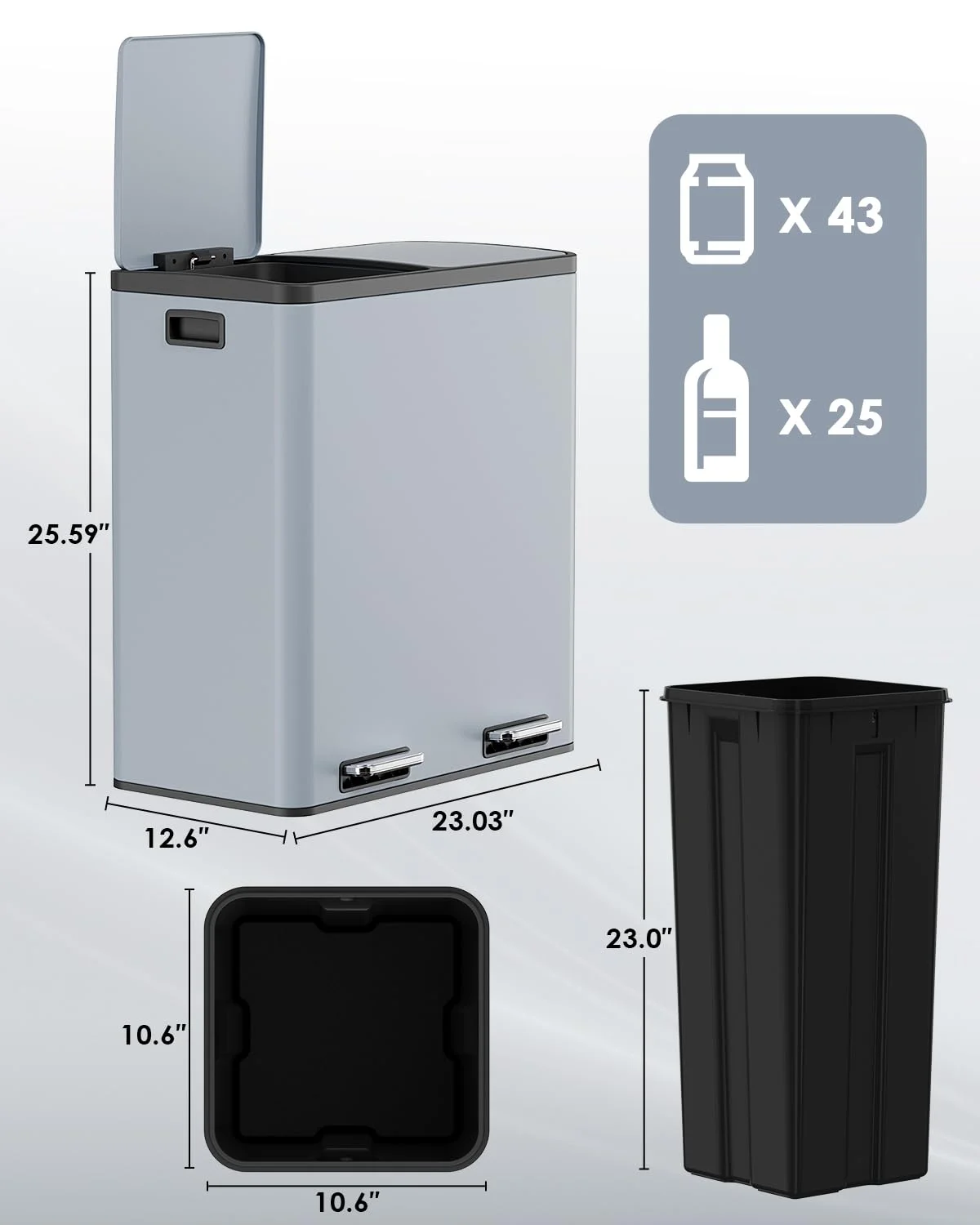 LAZY BUDDY Dual Garbage Can, Stainless Steel 16 Gallon Step Kitchen Trash Can with Soft-Close Lid, Double Compartment Garbage Recycling Bin - Image 55