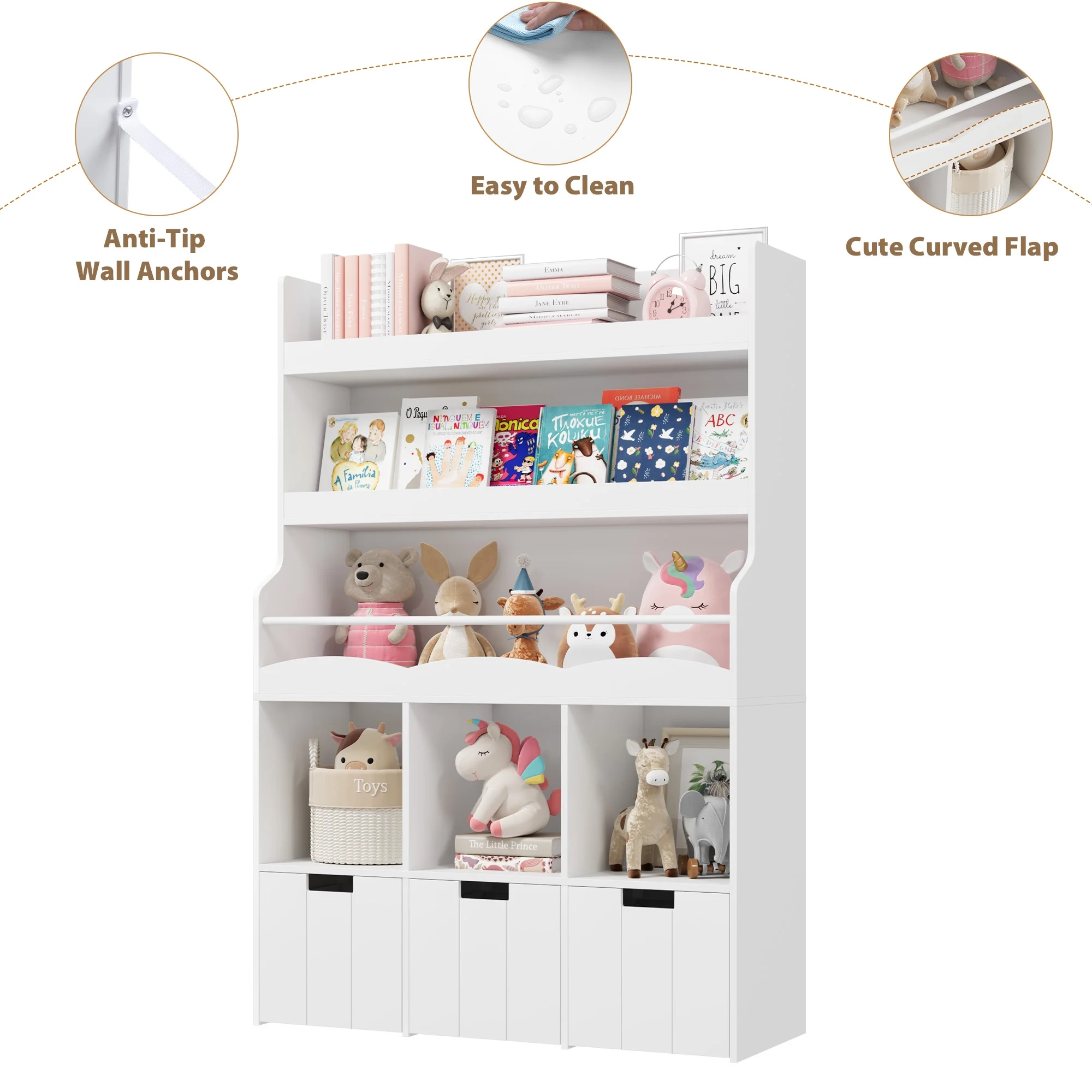 Homfa 55.5- H Kids Bookshelf with 2-Tier Book Shelves, Children Toy Organizer with 3 Cubes and Removable Drawers, White - Image 9
