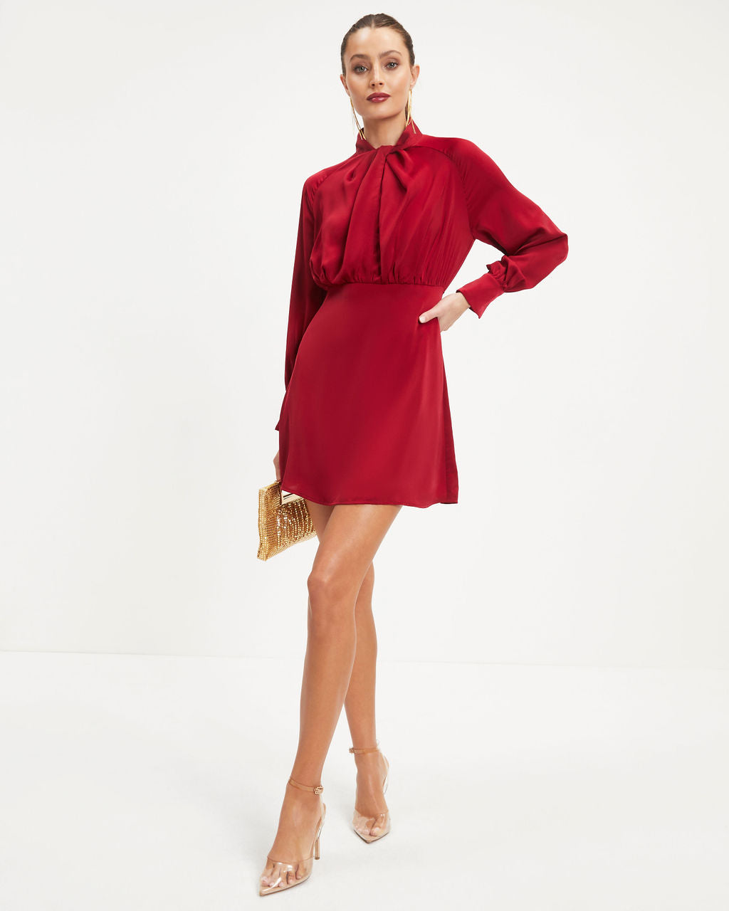 Hostess With The Mostess Twisted Long Sleeve Mini Dress - Wine - Se7enfashion