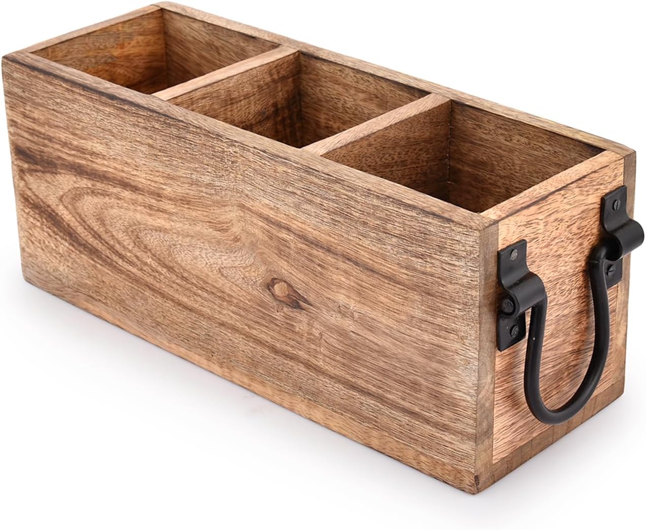 Samhita Mango Wood Cutlery Holder Caddy Organizer Wooden Utensil Storage Organizer Countertop for Silverware Fork Spoon Spatula 3 compartments (11