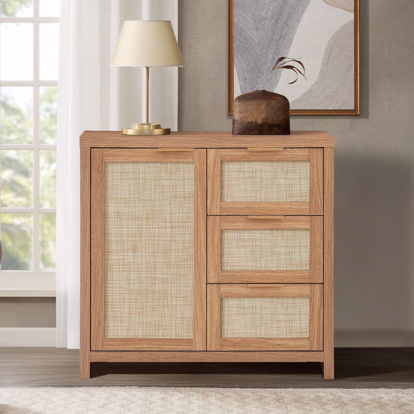 ARKANTOS Sideboards and Buffets, Boho Storage Cabinets with Rattan Doors and Drawers, Natural Oak(Charcoal Oak)