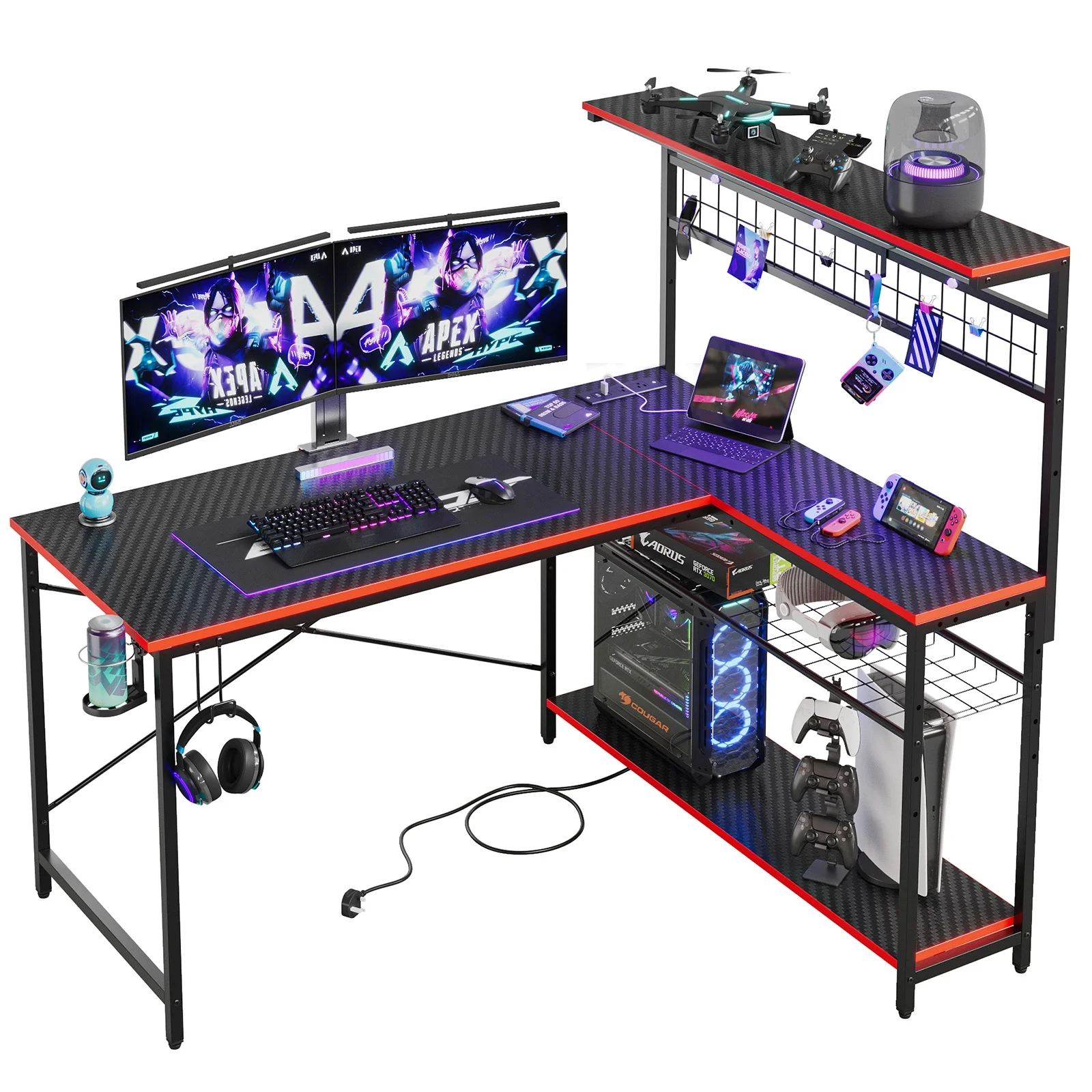 Bestier 51 L Shaped Gaming Desk with Power Outlets & LED Light, Computer Desk with 4 Tiers Shelves for Home Office, Reversible Gamer Table with Hooks and Cup Holder, Carbon Fiber - Image 25