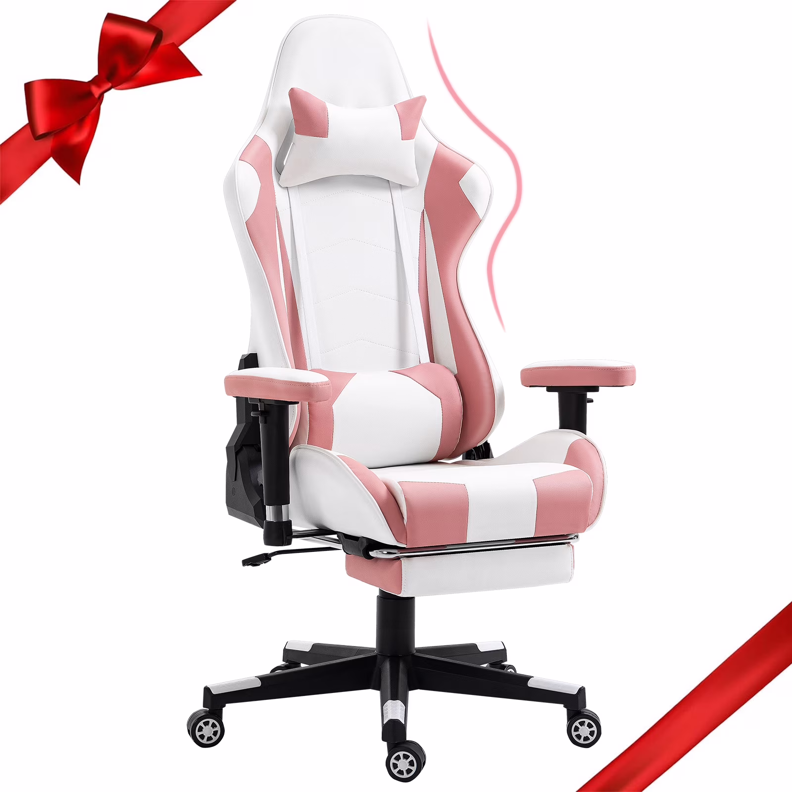 AVAWING Adult Gaming Chair, Ergonomic Leather Gaming Chair with Footrest, Lumbar Support and Headrest, Pink - White(Gaming Chair with Footrest)