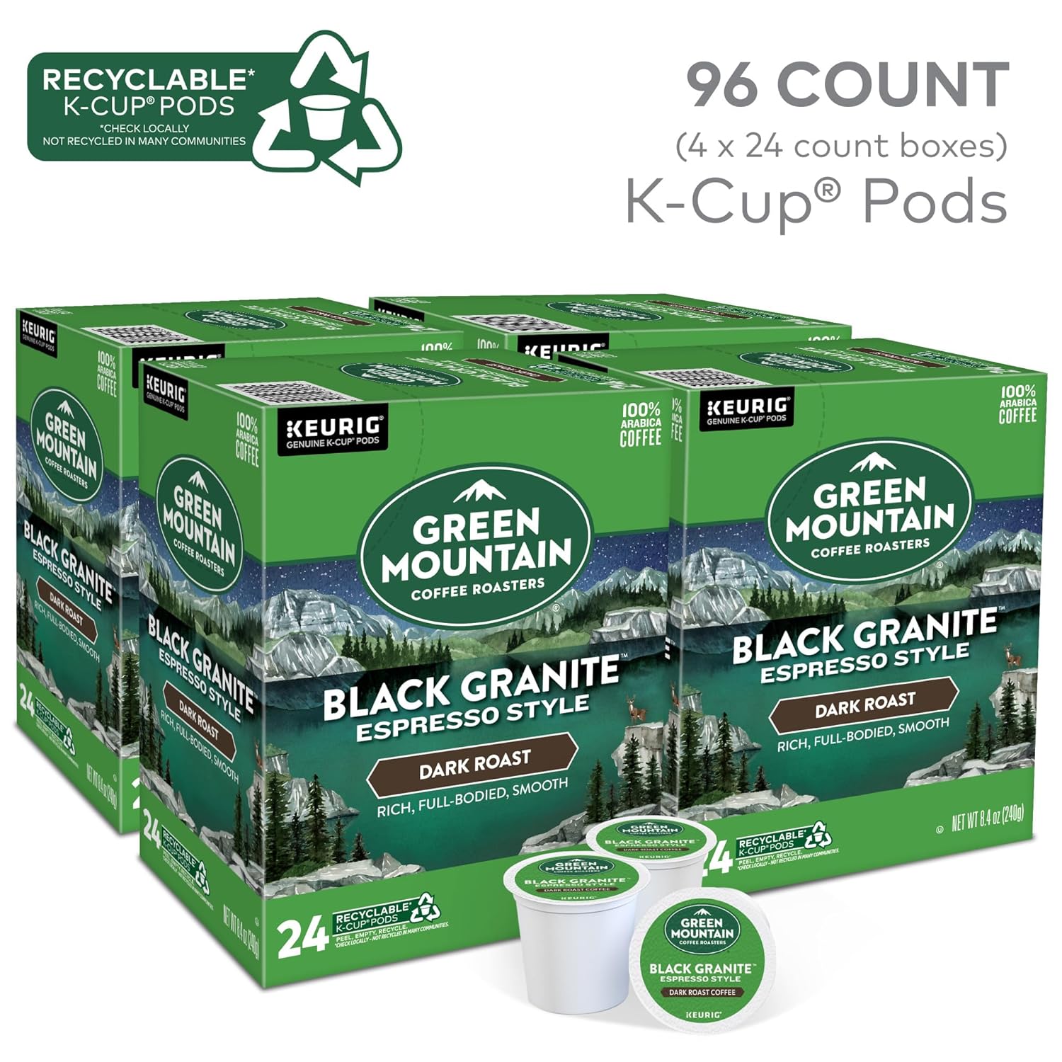 Green Mountain Coffee Roasters Black Granite. Keurig Single Serve K-Cup Pods. Espresso Style Dark Roast. 96 Count