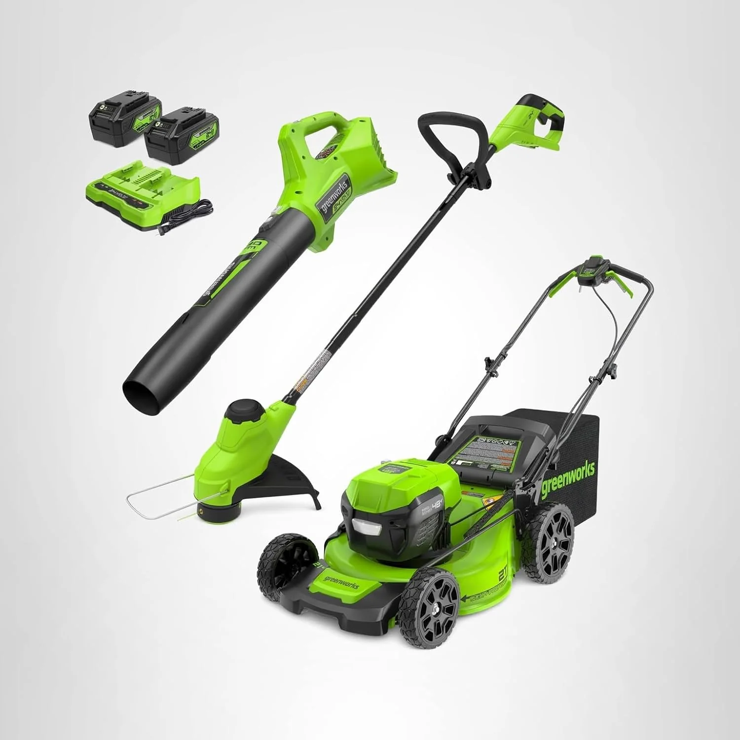Greenworks 48V (24V x 2) 21" Brushless Self-Propelled Mower+12" String Trimmer+320CFM Blower
