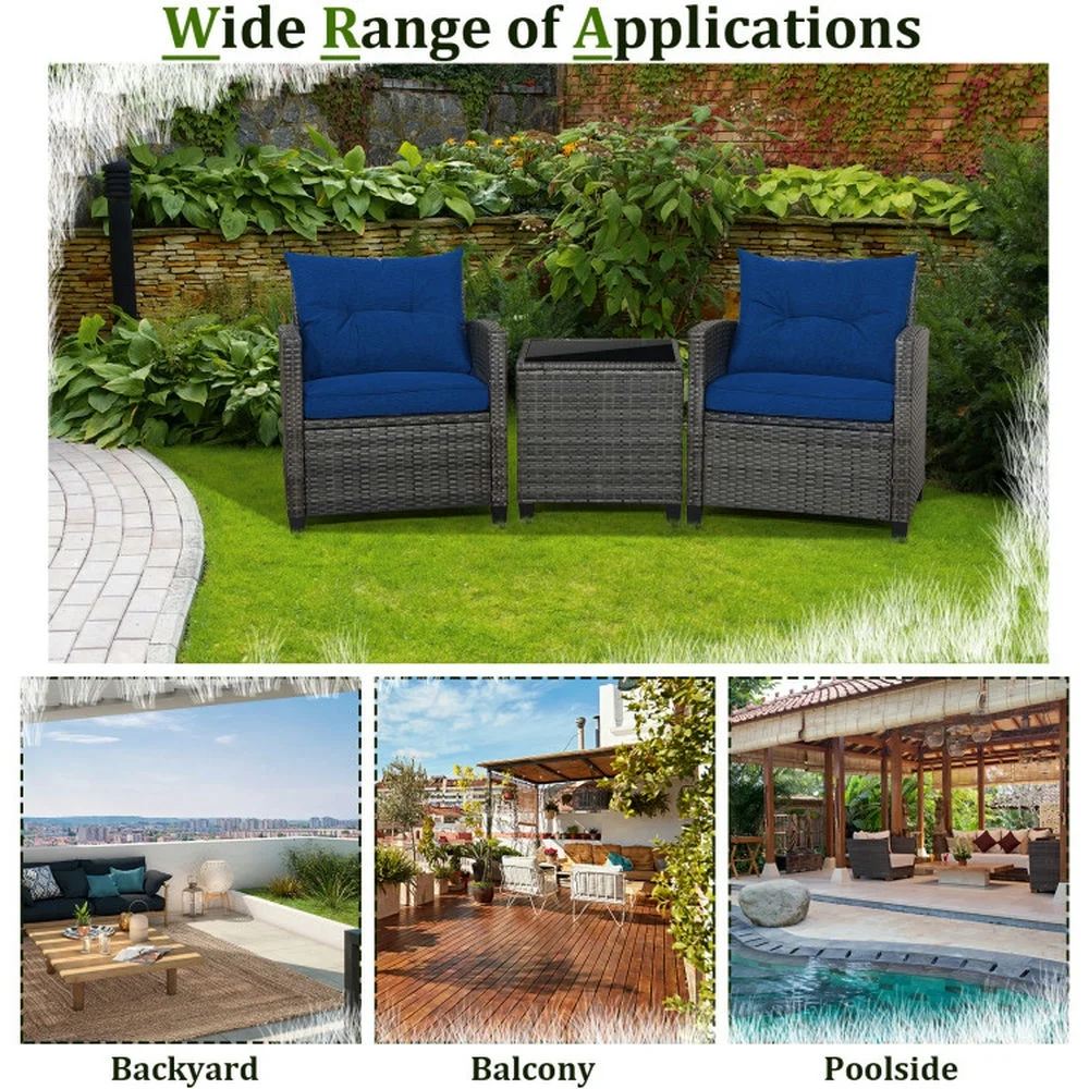 Kadyn Outdoor Seating Sets,Garden Conversation Sets,3 Pieces Outdoor Wicker Conversation Set with Tempered Glass Tabletop-Navy - Image 2