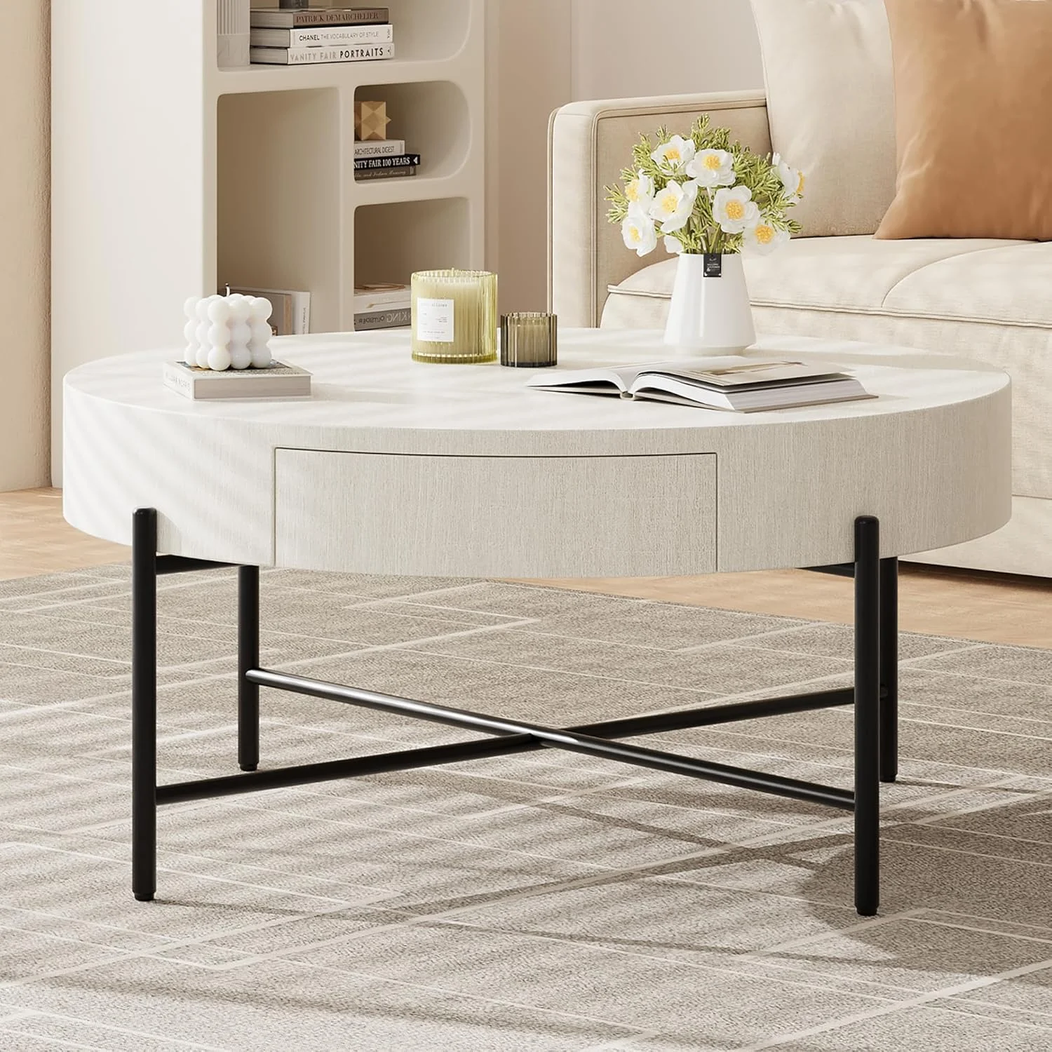Round Coffee Table with Drawers Circle Living Room Table Wood Accent Coffee Table with Storage White Center Table (Natural) - Image 4