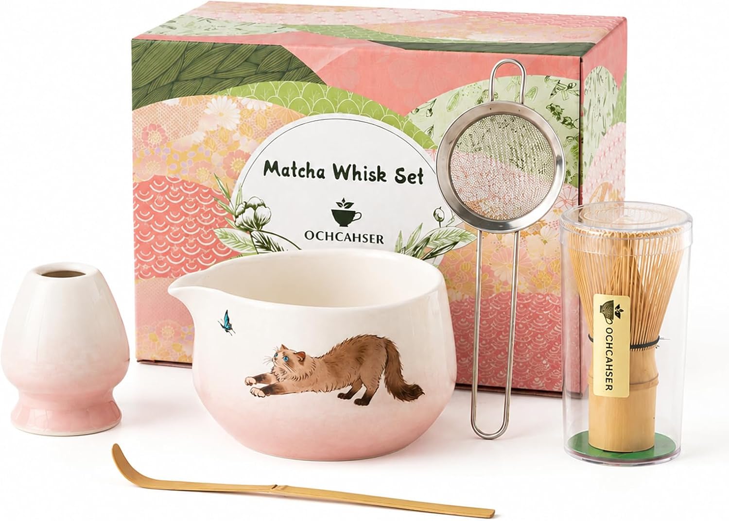 Matcha Set, Japanese Tea Set Includes Matcha Bowl with Spout, Matcha Whisk Holder, Bamboo Matcha Whisk and Bamboo Scoop, 17 oz Mottled Green Glaze Ceramic Matcha Kit for Tea Lovers