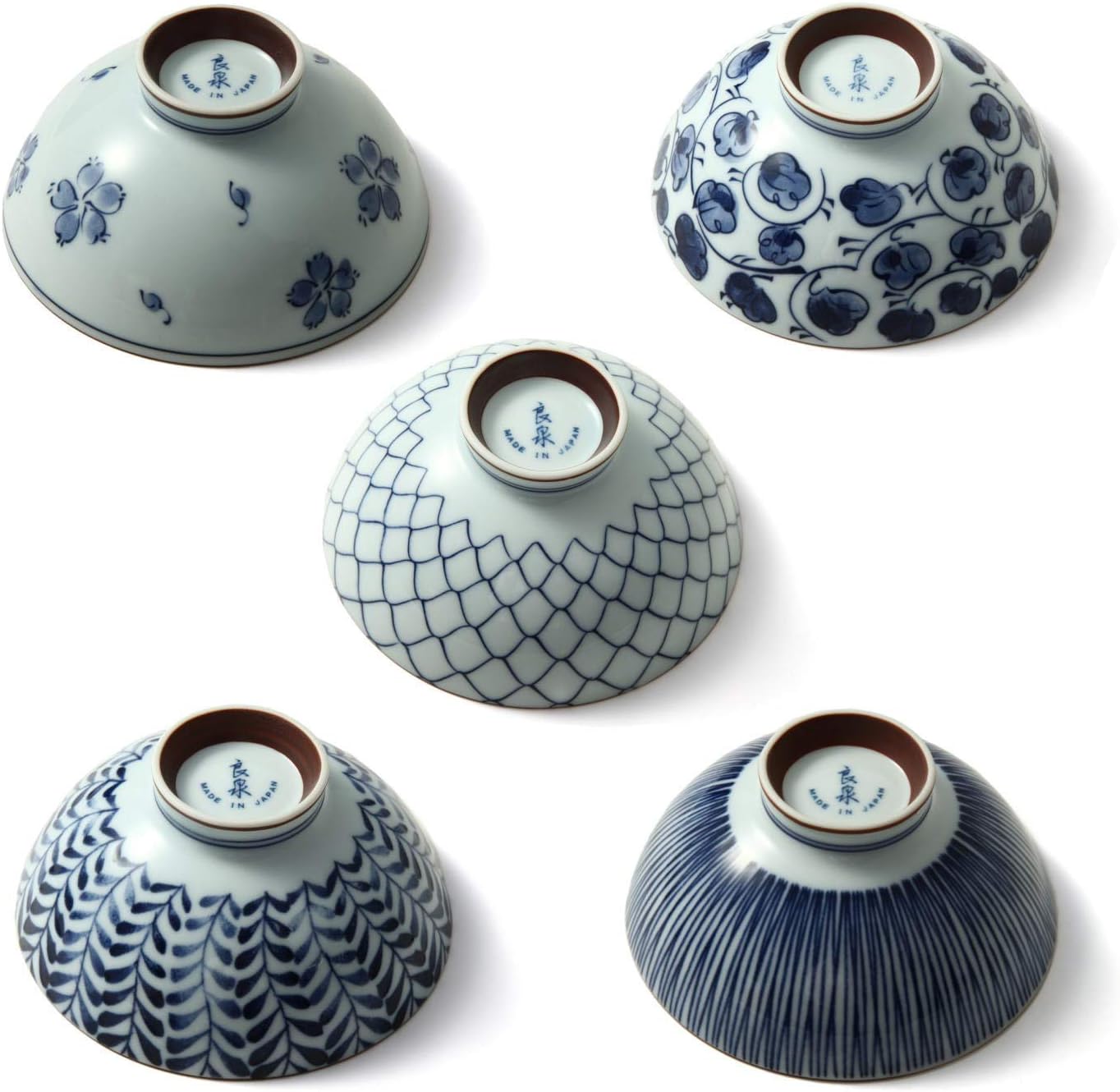 Mino Ware Japanese Pottery Set - Traditional Rice Bowls - Blue and White Asian Bowls - Hand Painted - Premium Ceramic - 5 Piece Soup Bowl Set