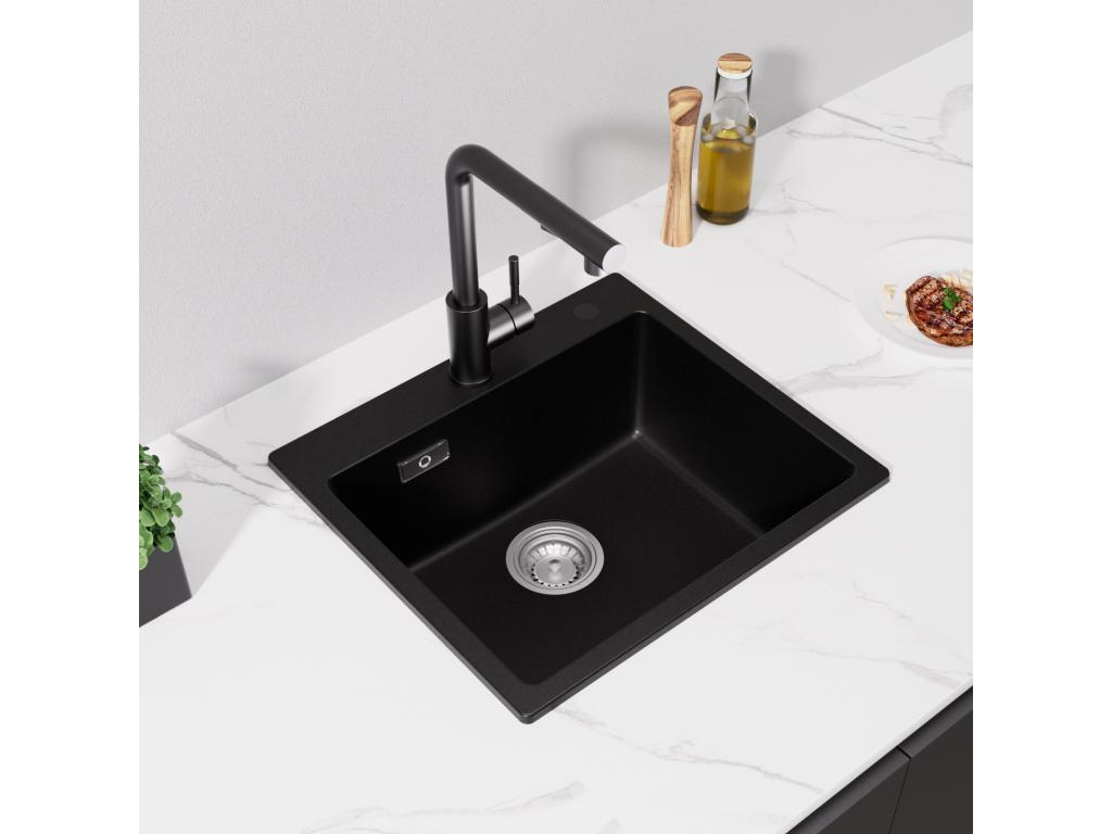 Casaplu Fregadero de Cuarzo Negro 50x45cm Fregadero de 1 Seno de Cuarzo y Resina + Mezclador de Cocina con Ducha Extraíble, 3 Modos de Salida de Agua, Cepillado