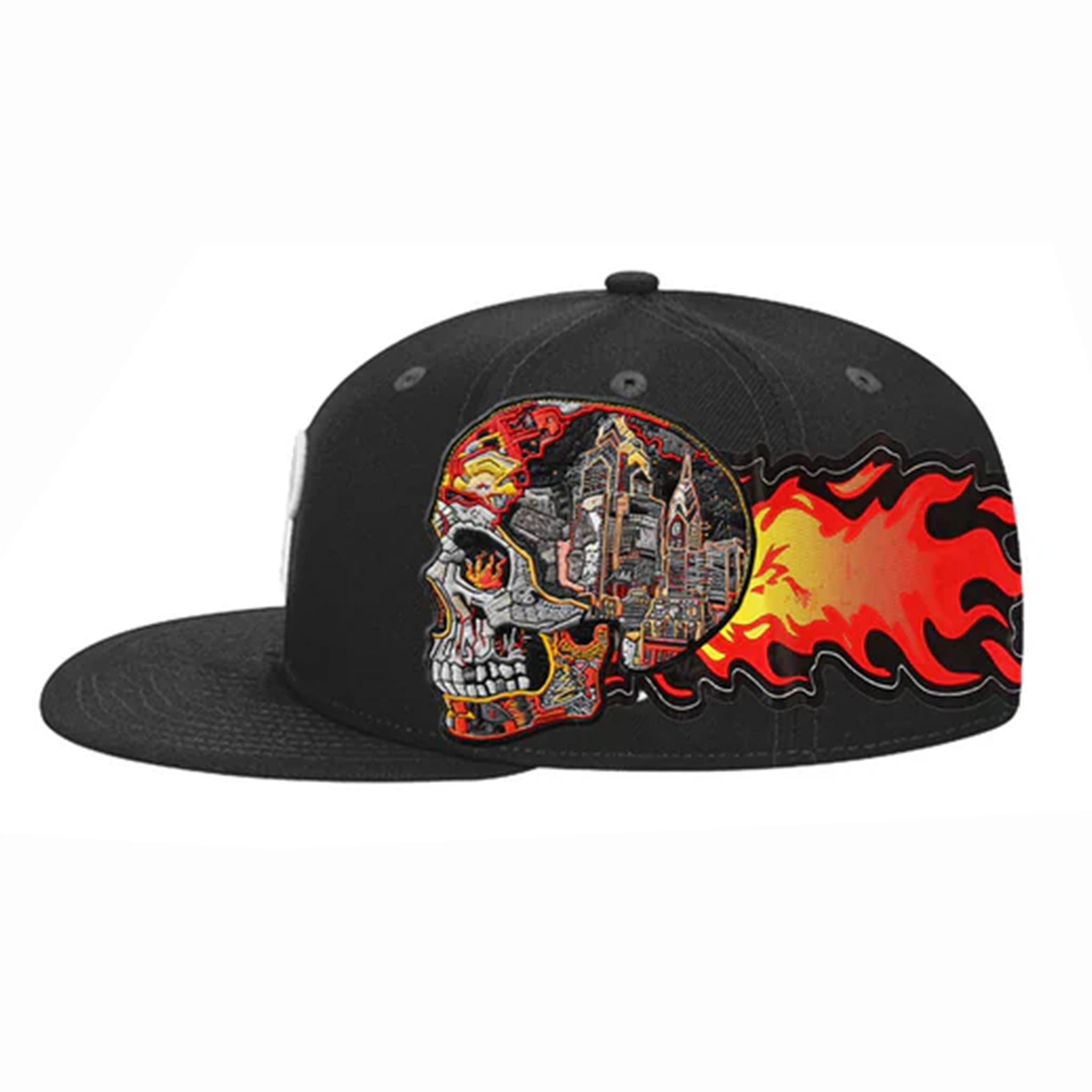 Left side profile of a black snapback hat showing an embroidered skull containing a city skyline, with bright red and yellow flames extending toward the back.