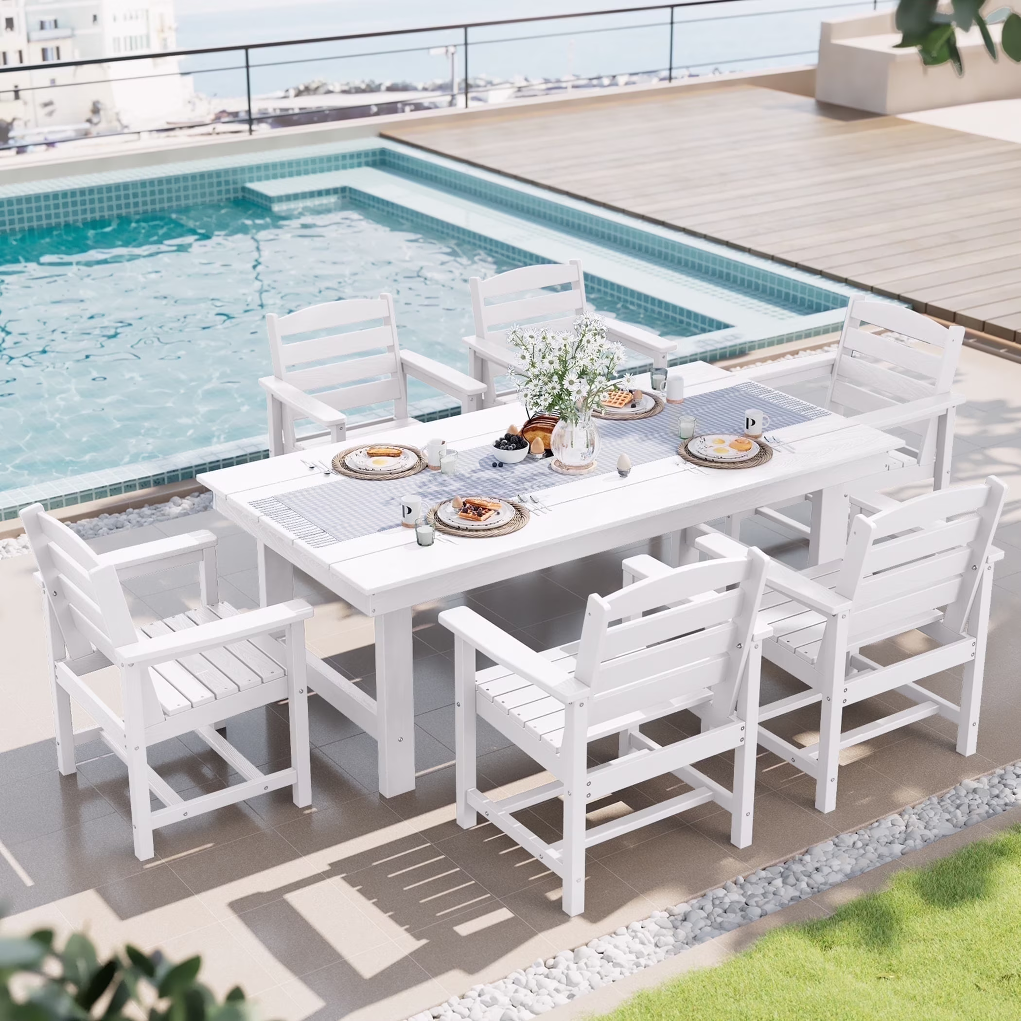 SERWALL Outdoor HDPE Dining Table Set, 7-Piece Outdoor Dining Table Sets with Umbrella Hole, Grey - Image 26