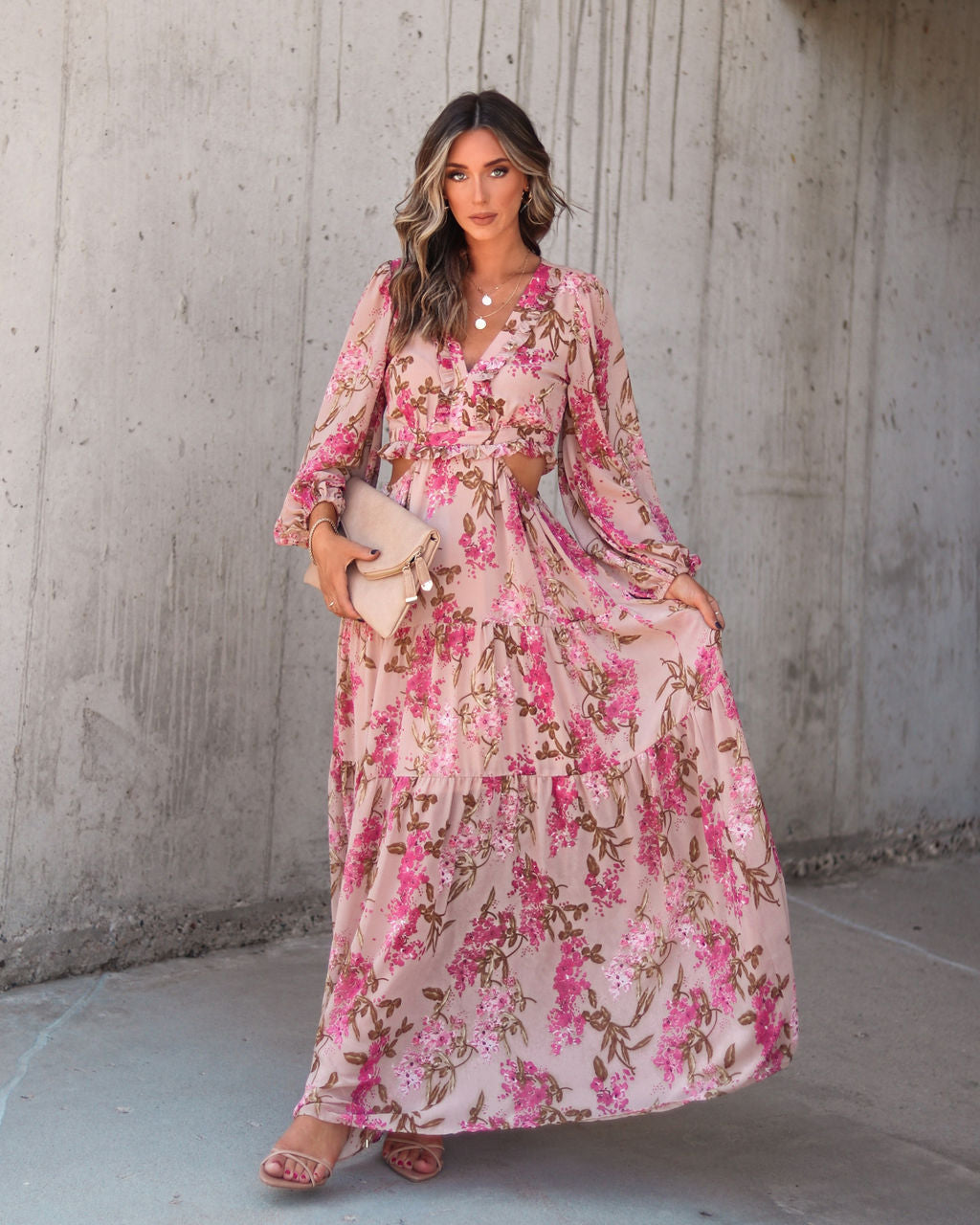 Vineyard Romance Floral Side Cutout Maxi Dress - Se7enfashion