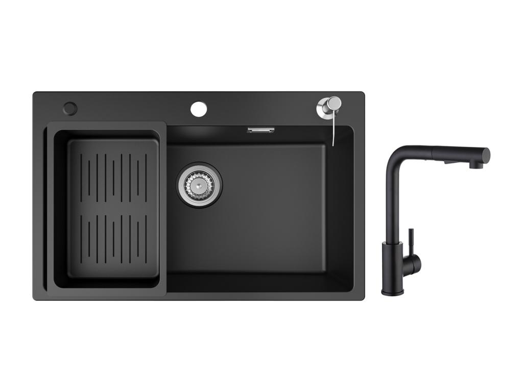 Fregadero Pratcas 1 seno de cuarzo y resina con escurridor y dosificador de jabón 70x45cm + Mezclador de cocina con ducha extraíble negro