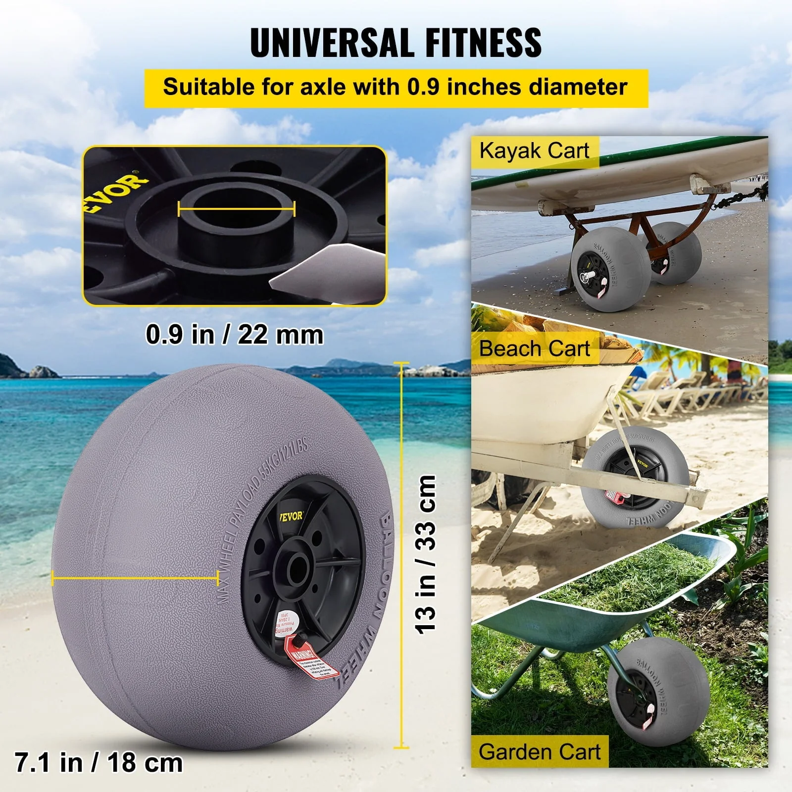 VEVOR Beach Balloon Wheels, 13" Replacement Sand Tires, TPU Cart Tires for Kayak Dolly, Canoe Cart and Buggy w/ Free Air Pump, 2-Pack - Image 3