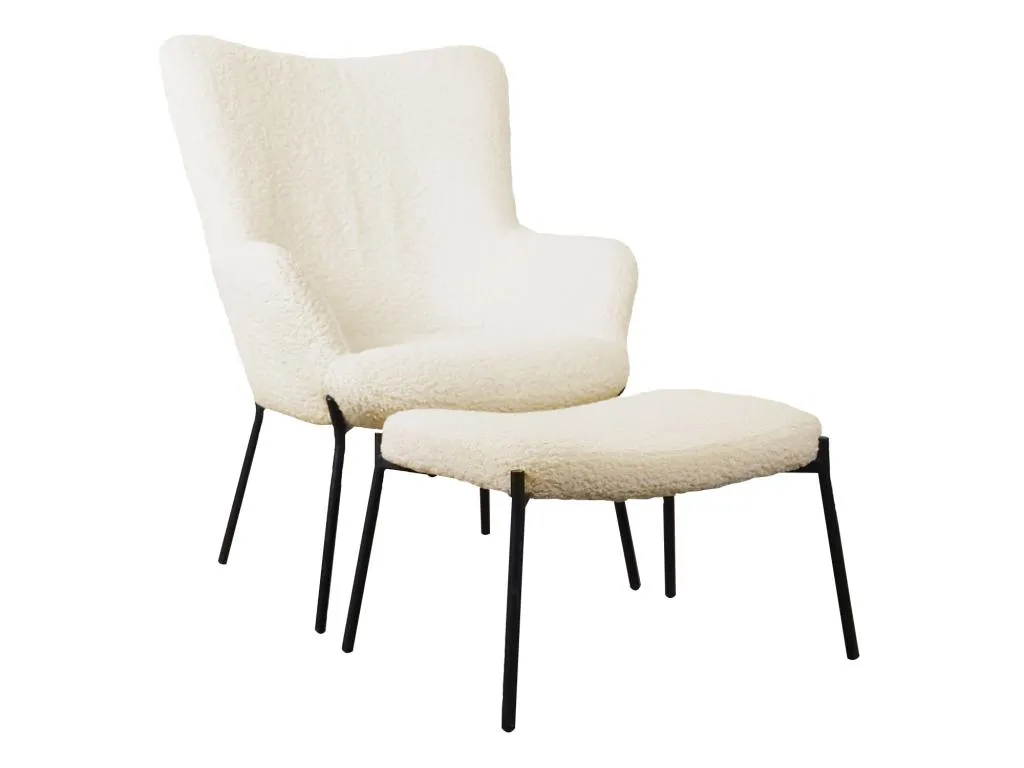 Sillón efecto borreguito en lana rizada beige con reposapiés modelo Eira. lyj264689